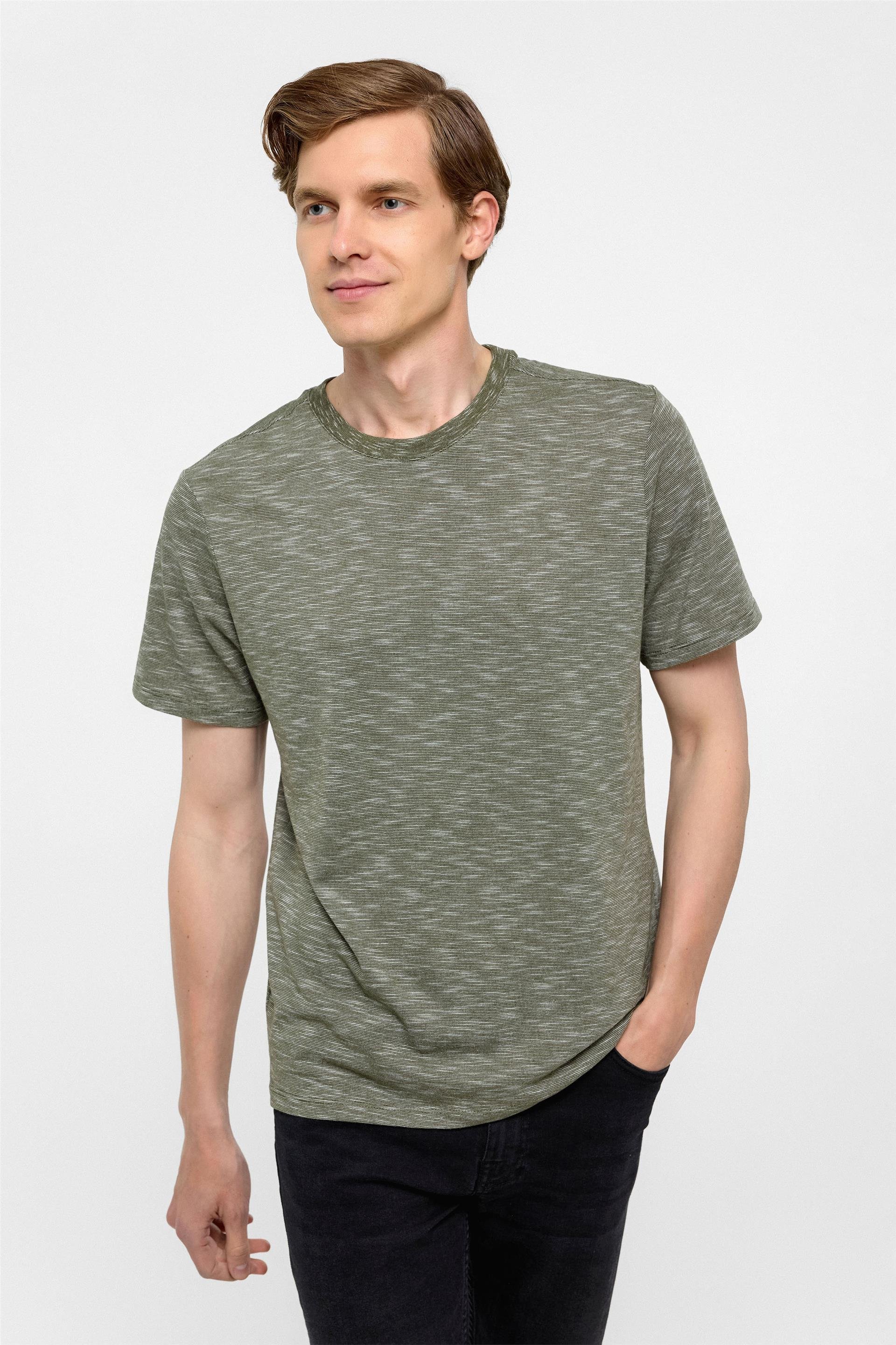 Haki Regular Armürlü Bisiklet Yaka Tişört