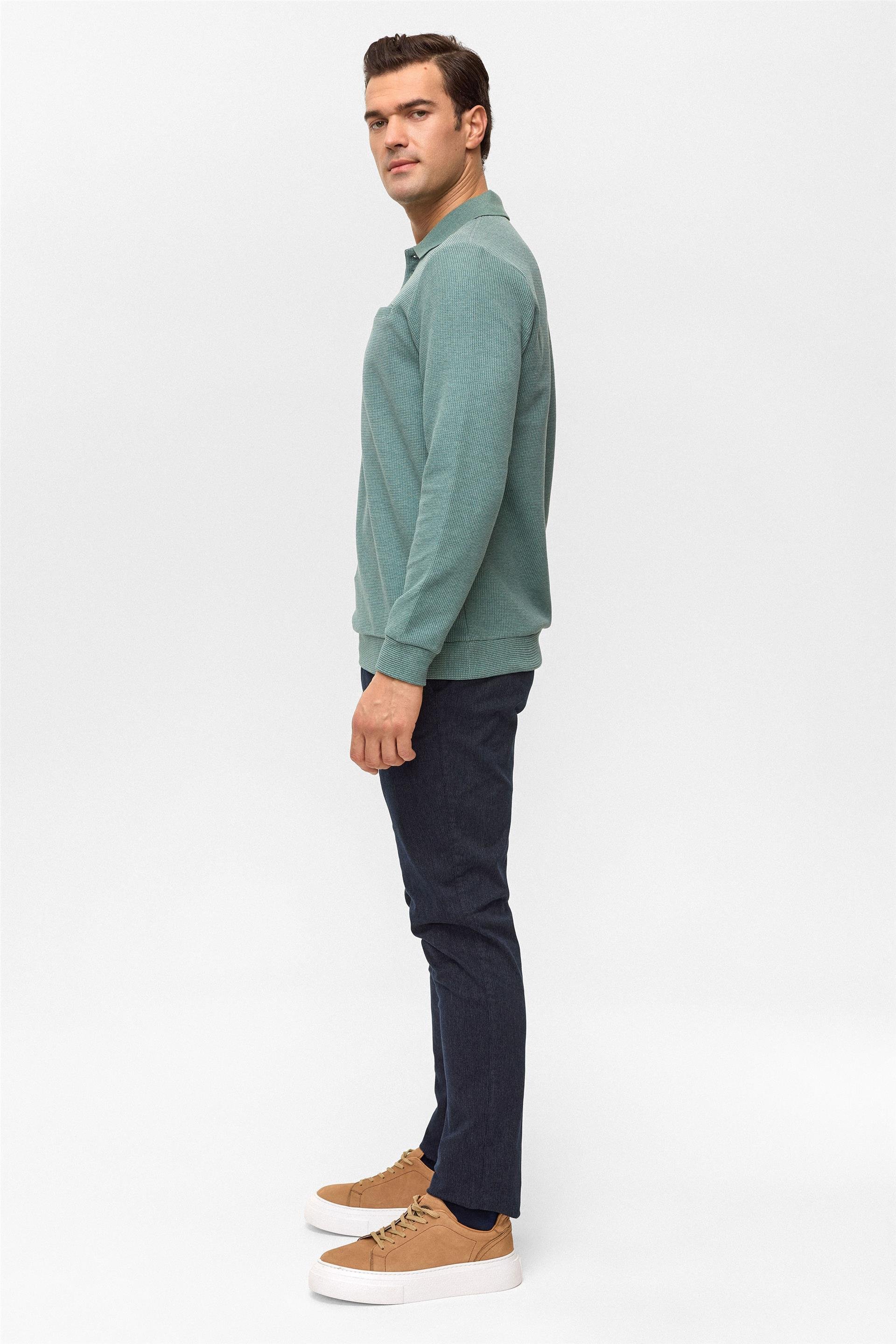 Haki Regular Armürlü Polo Yaka Sweatshirt