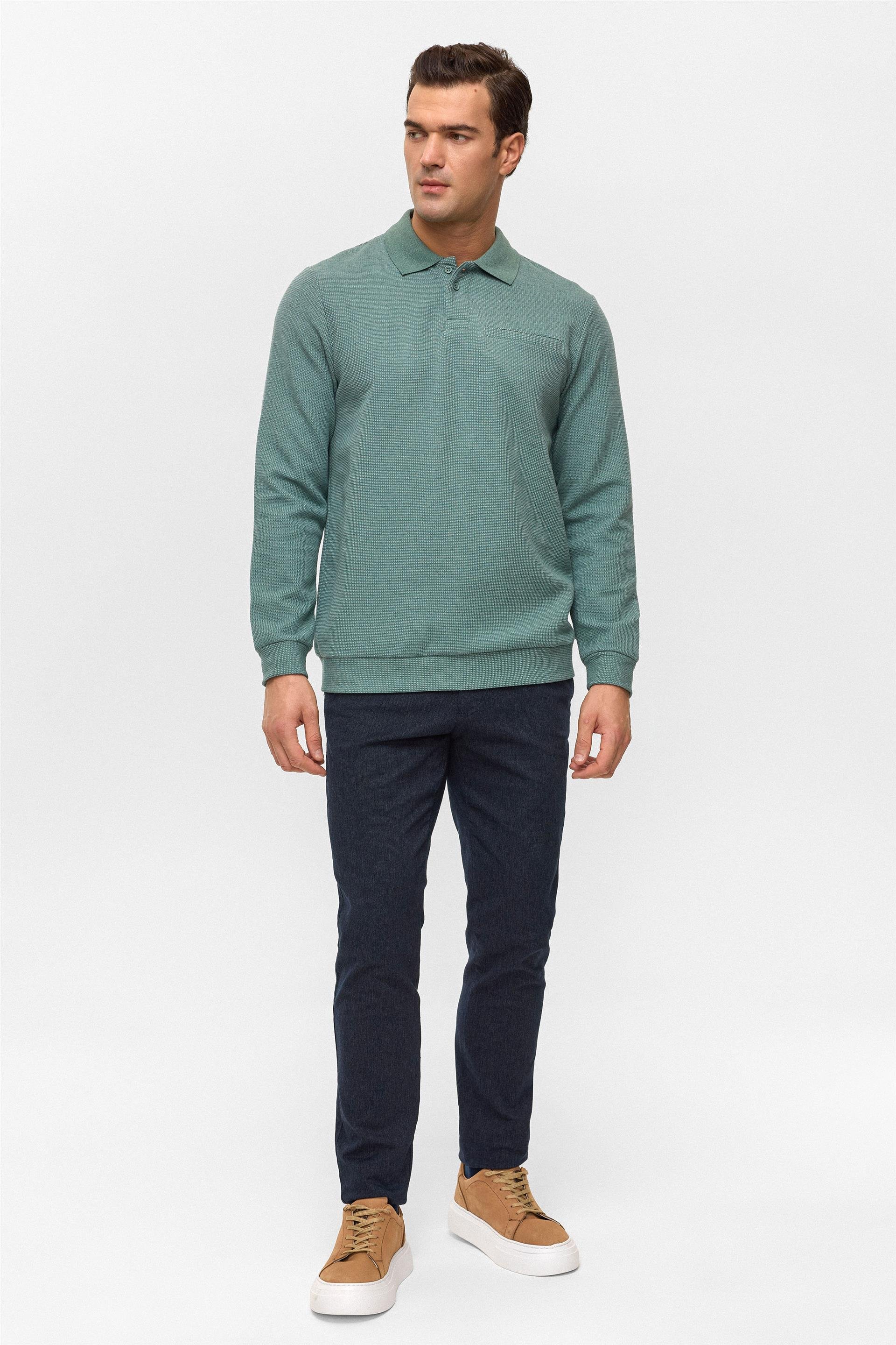 Haki Regular Armürlü Polo Yaka Sweatshirt