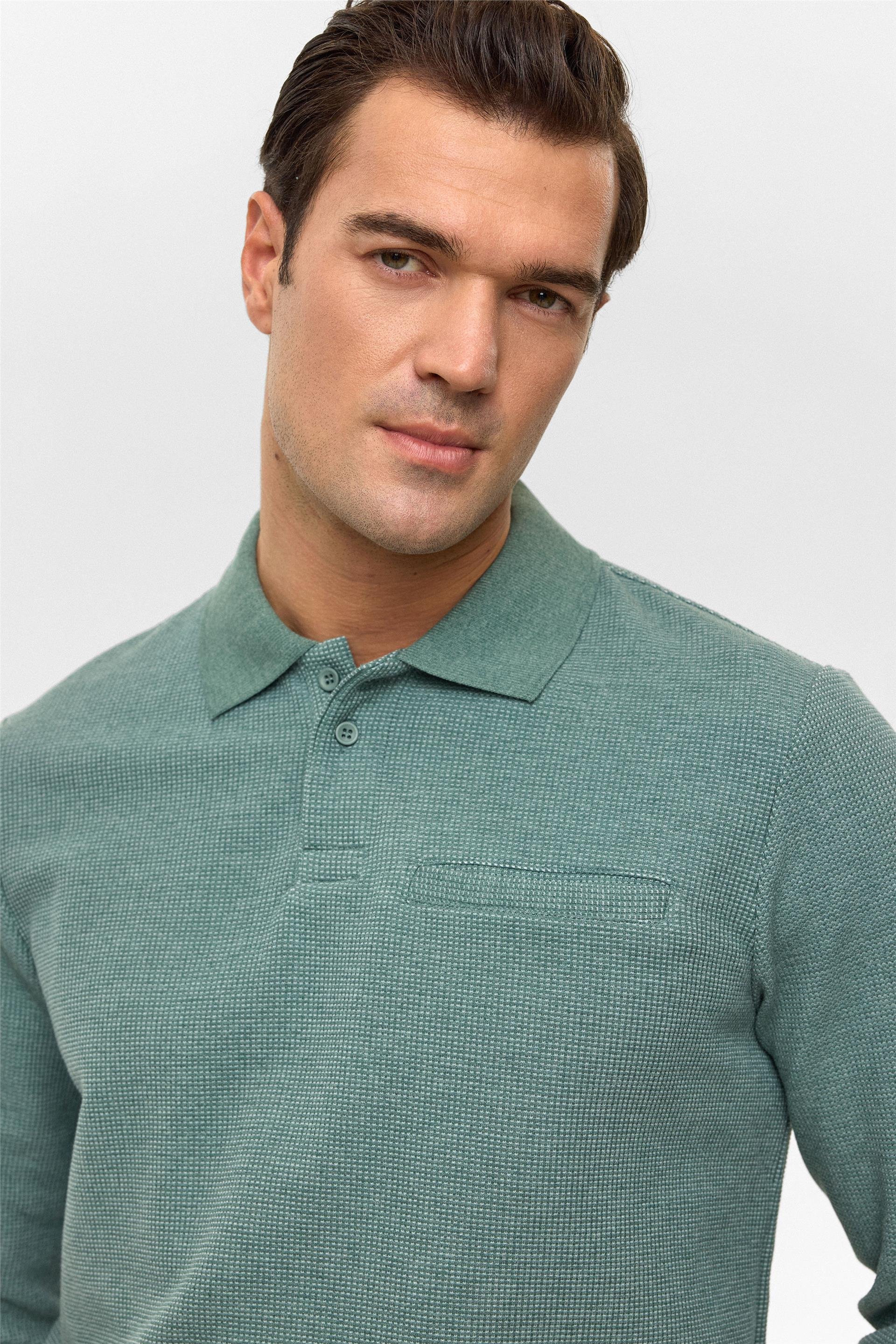 Haki Regular Armürlü Polo Yaka Sweatshirt