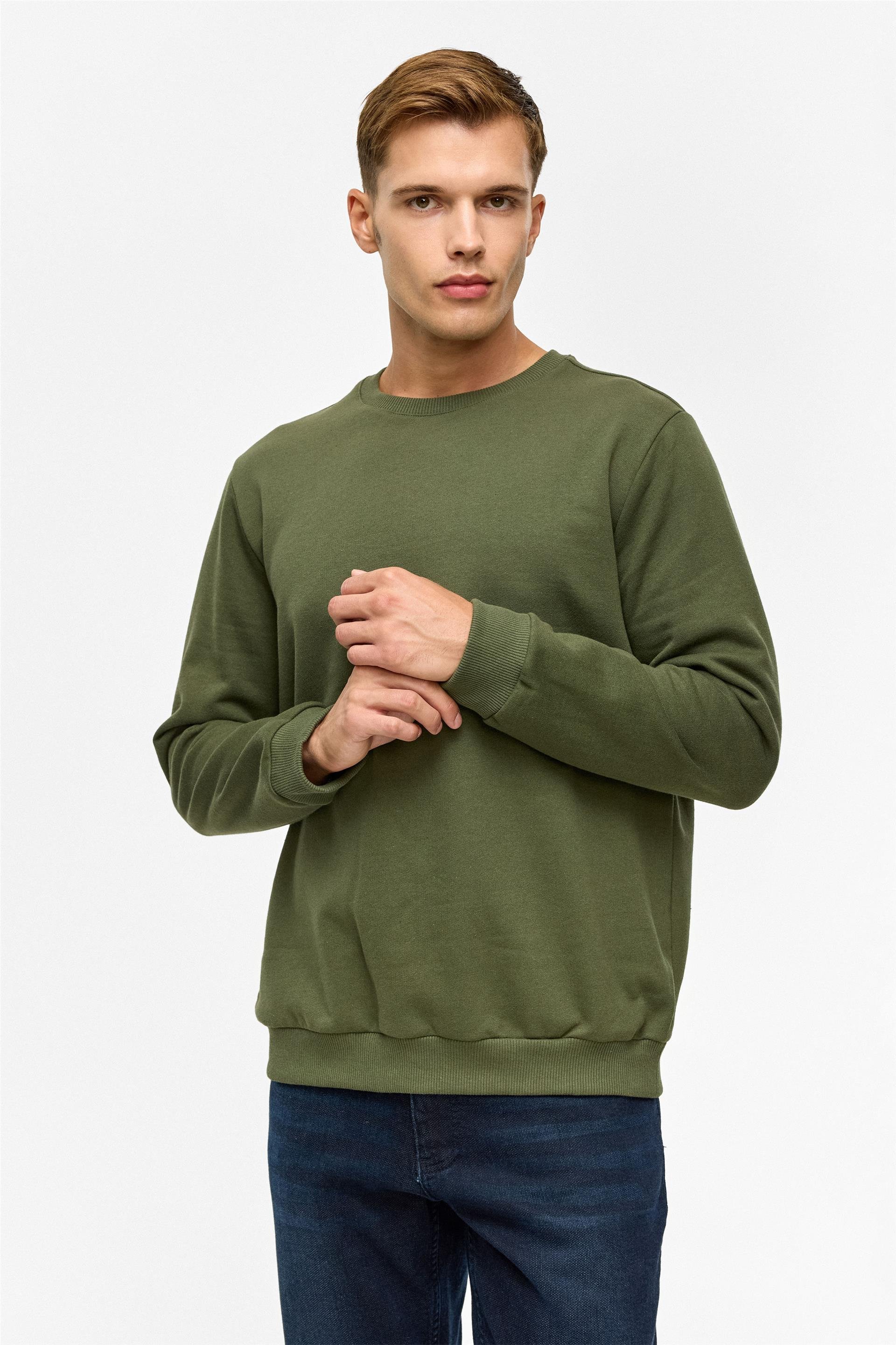Haki Regular Düz Bisiklet Yaka Sweatshirt