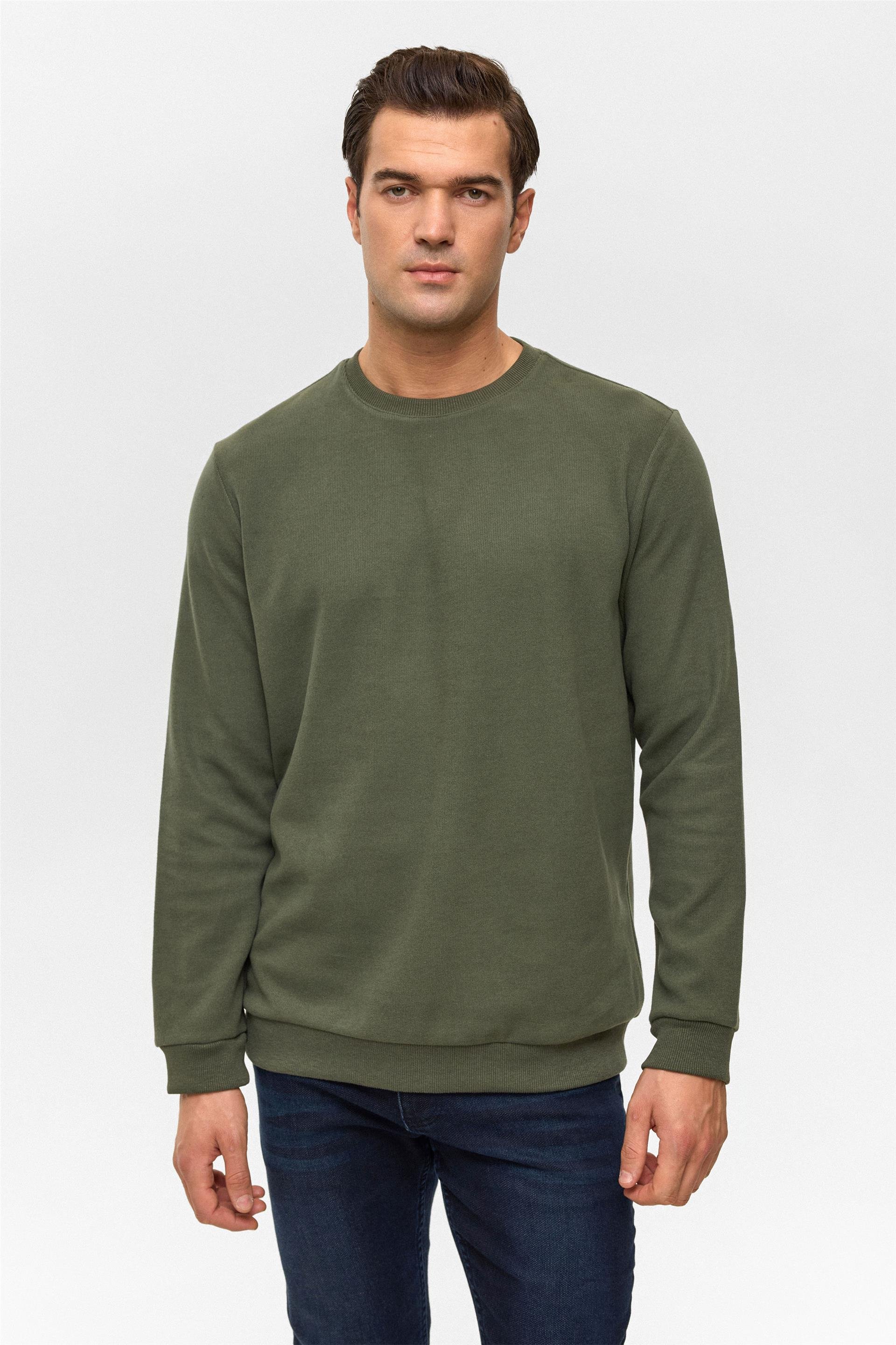 Haki Regular Düz Bisiklet Yaka Sweatshirt