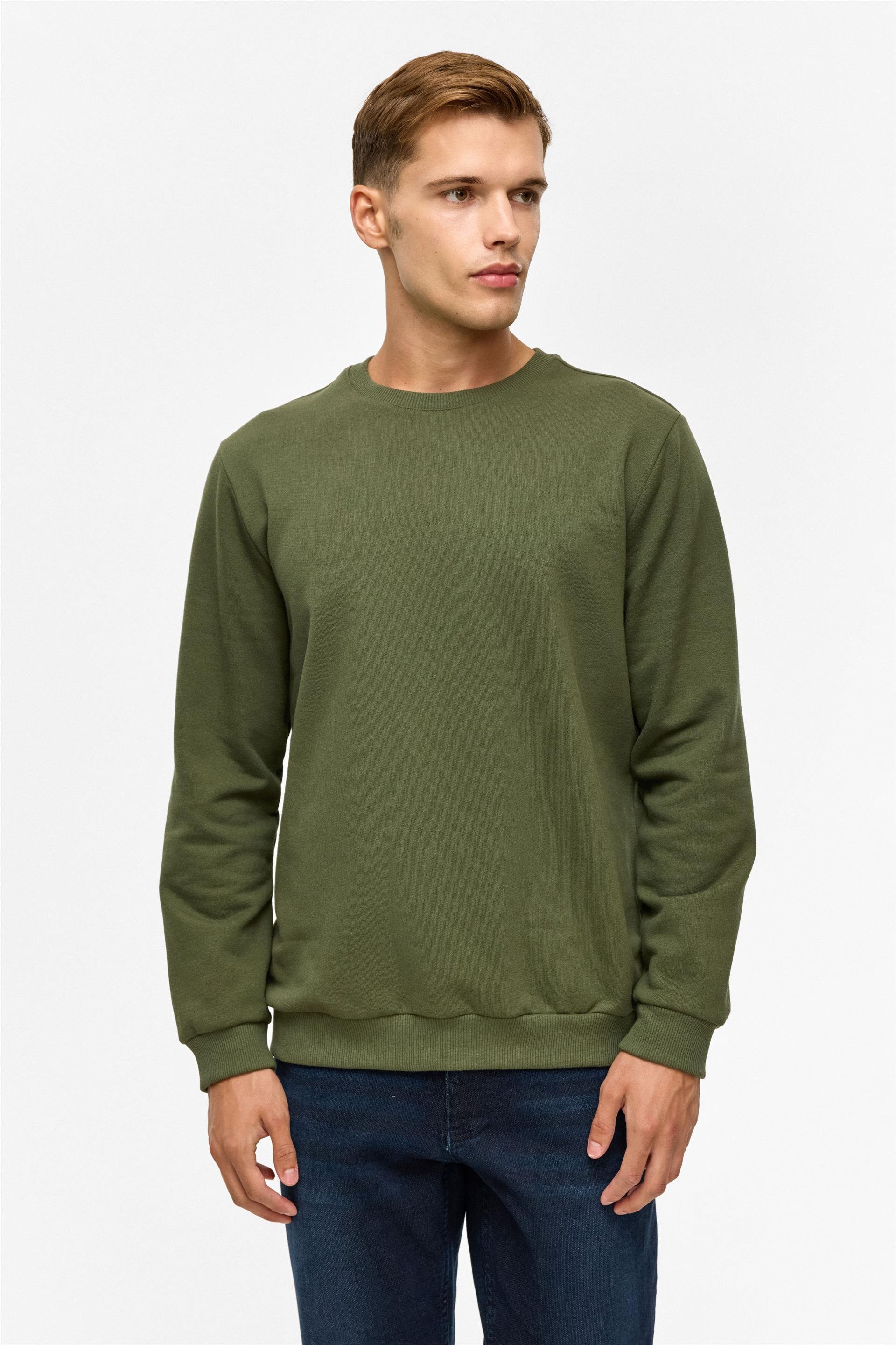 Haki Regular Düz Bisiklet Yaka Sweatshirt