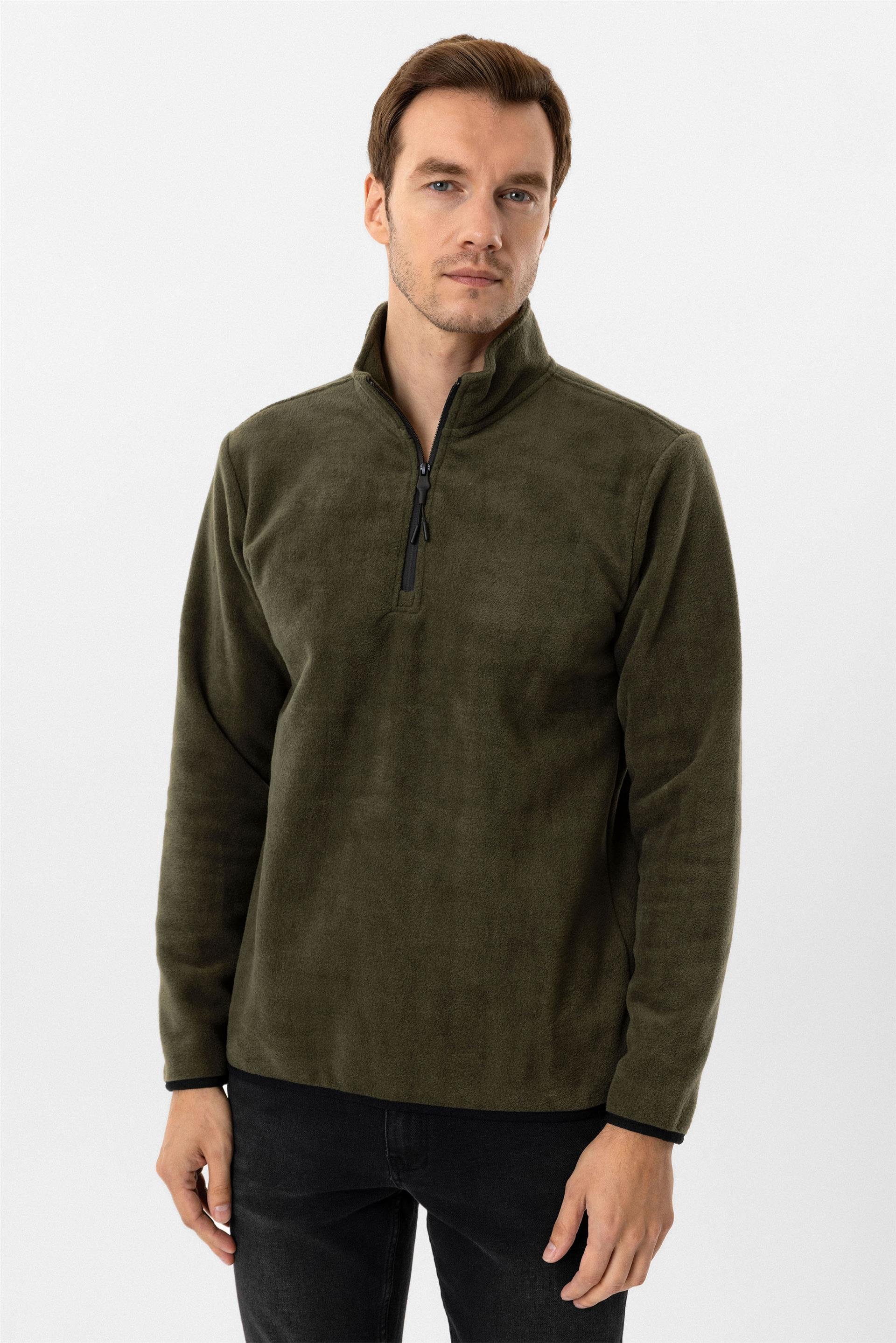 Haki Regular Düz Sivri Yaka Sweatshirt