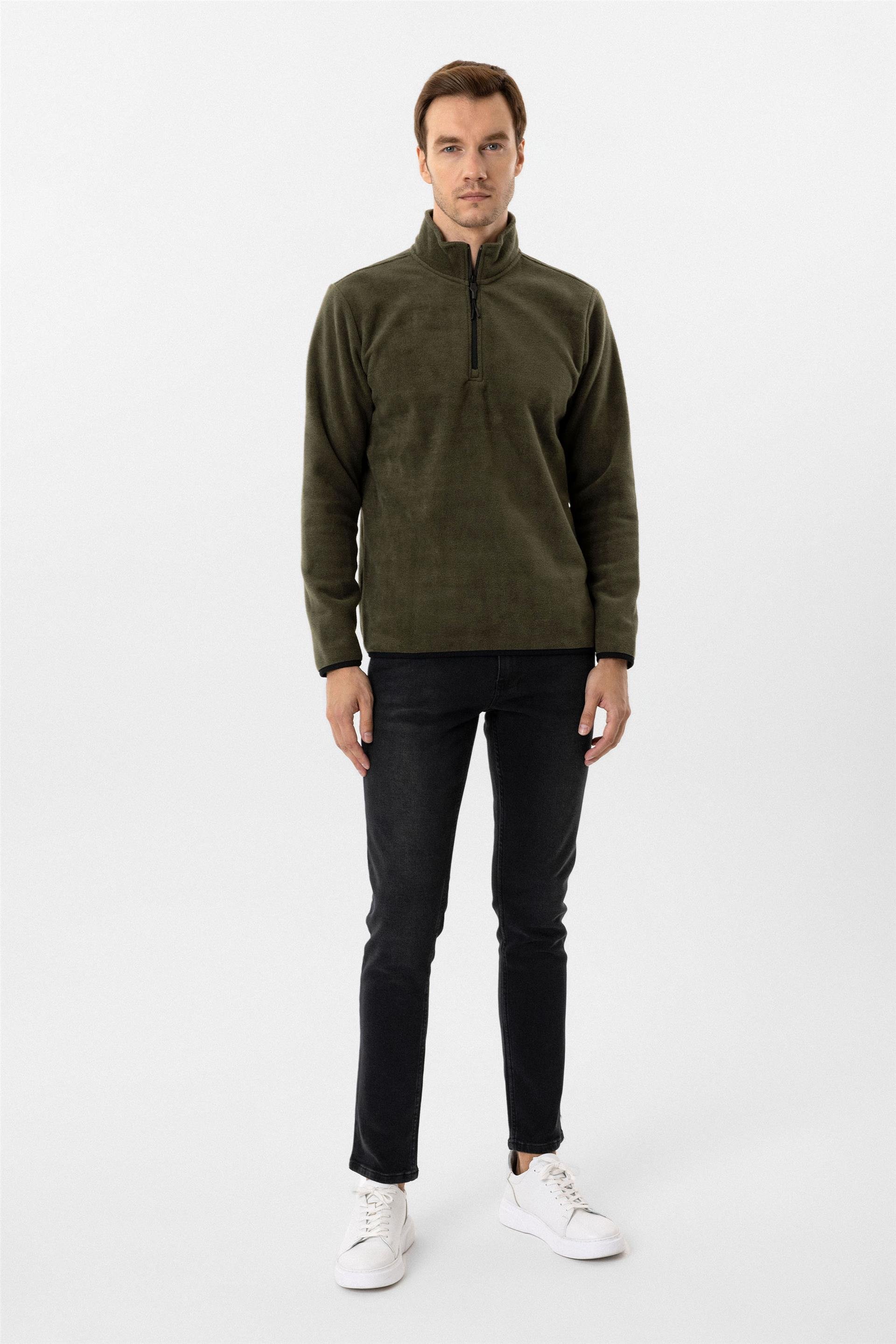 Haki Regular Düz Sivri Yaka Sweatshirt