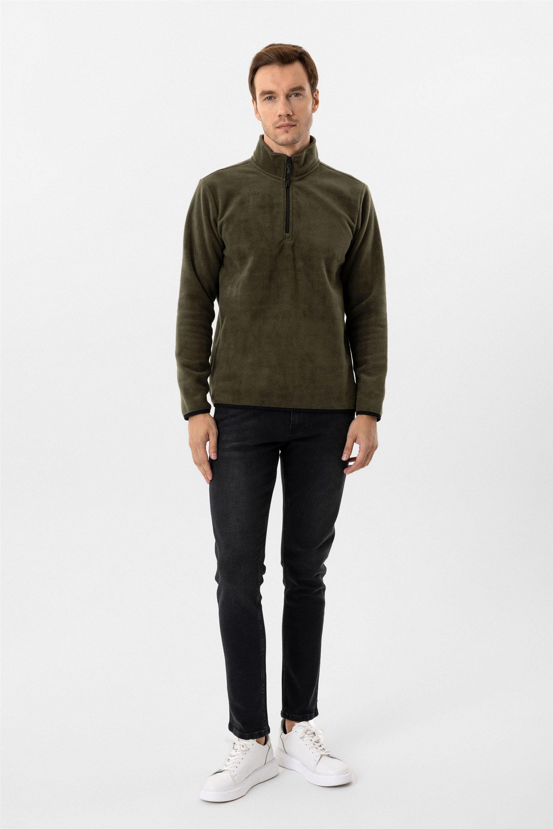 Haki Regular Düz Sivri Yaka Sweatshirt