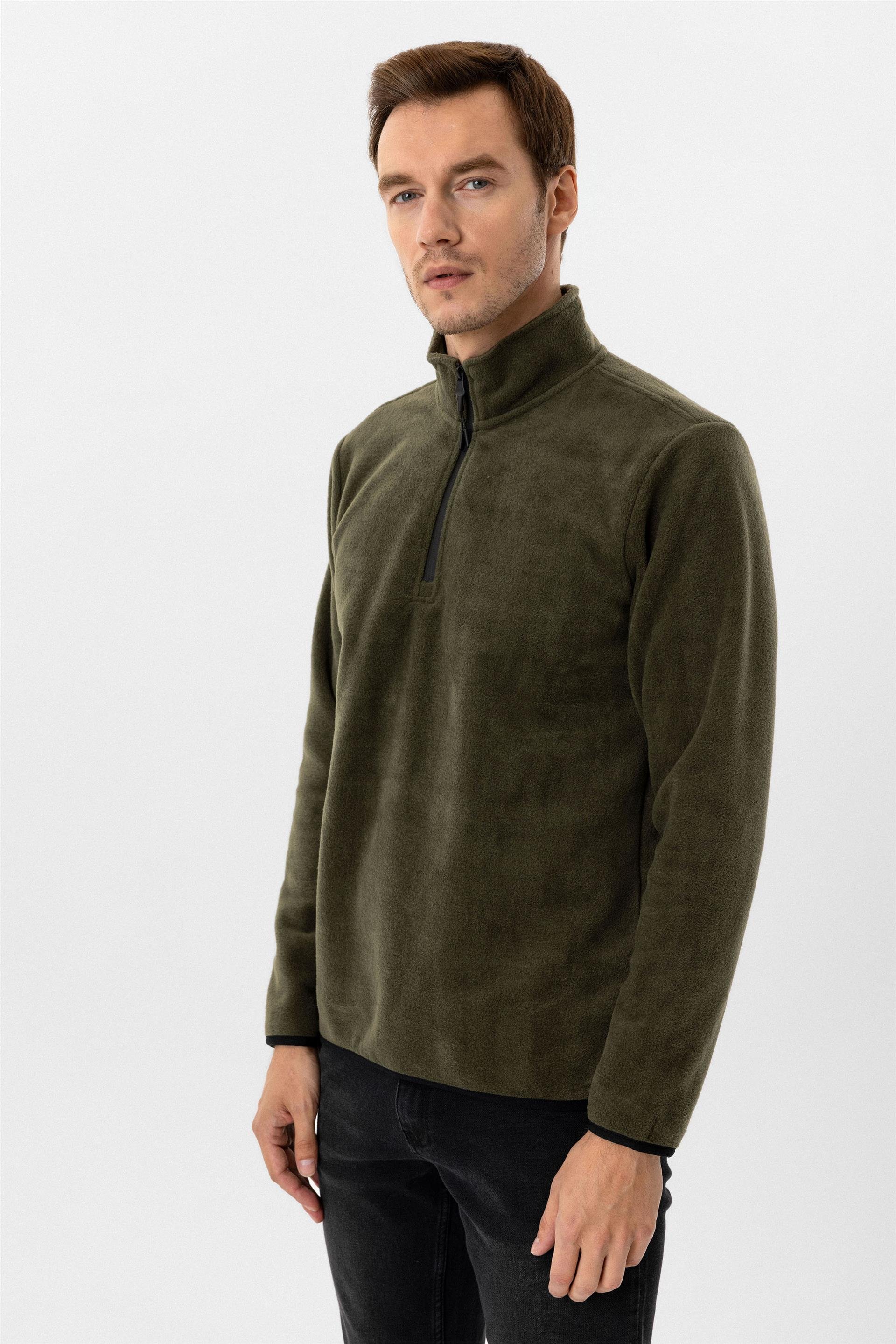 Haki Regular Düz Sivri Yaka Sweatshirt