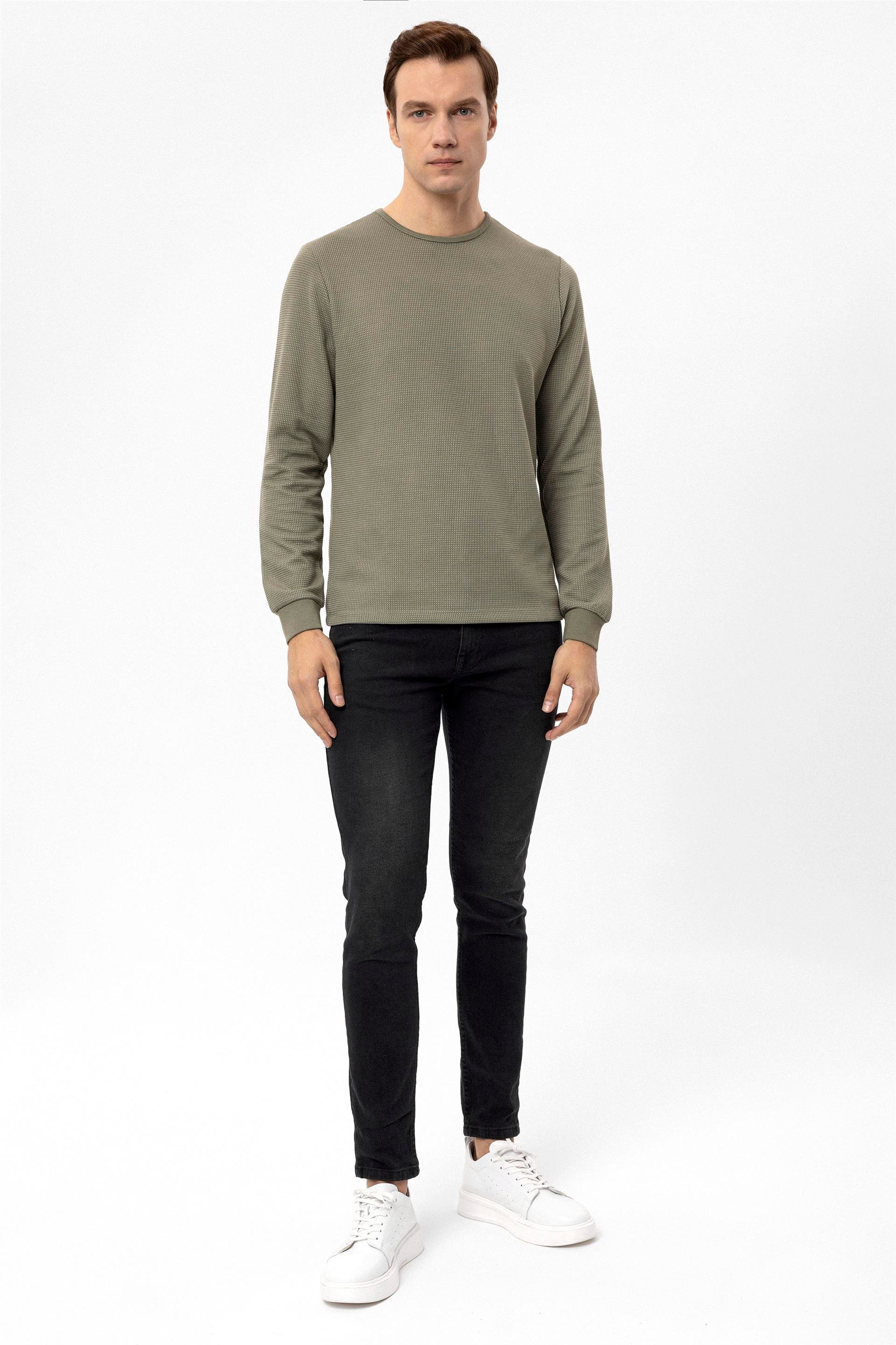 Haki Slim Armürlü O Yaka  Sweatshirt