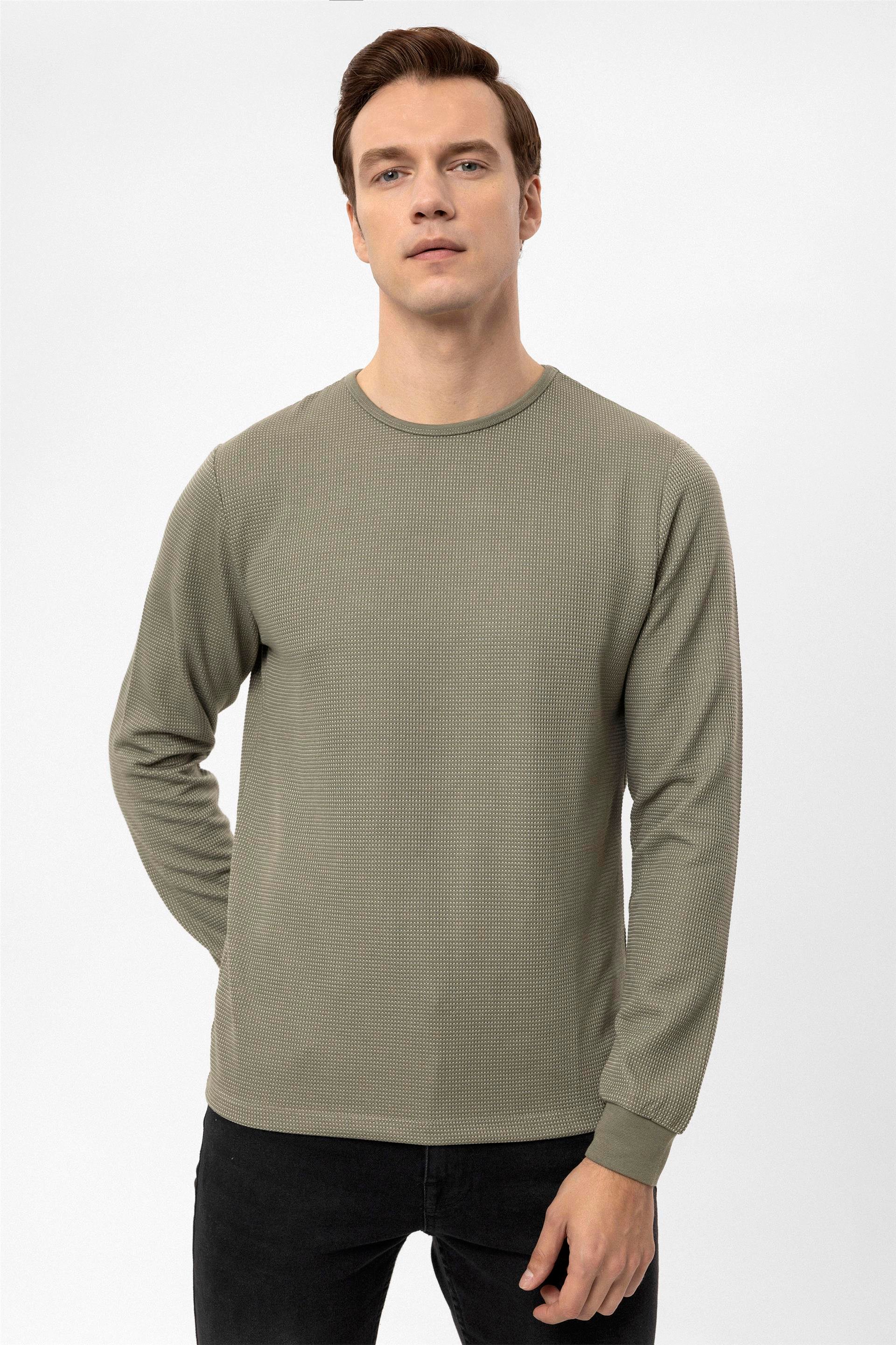 Haki Slim Armürlü O Yaka  Sweatshirt