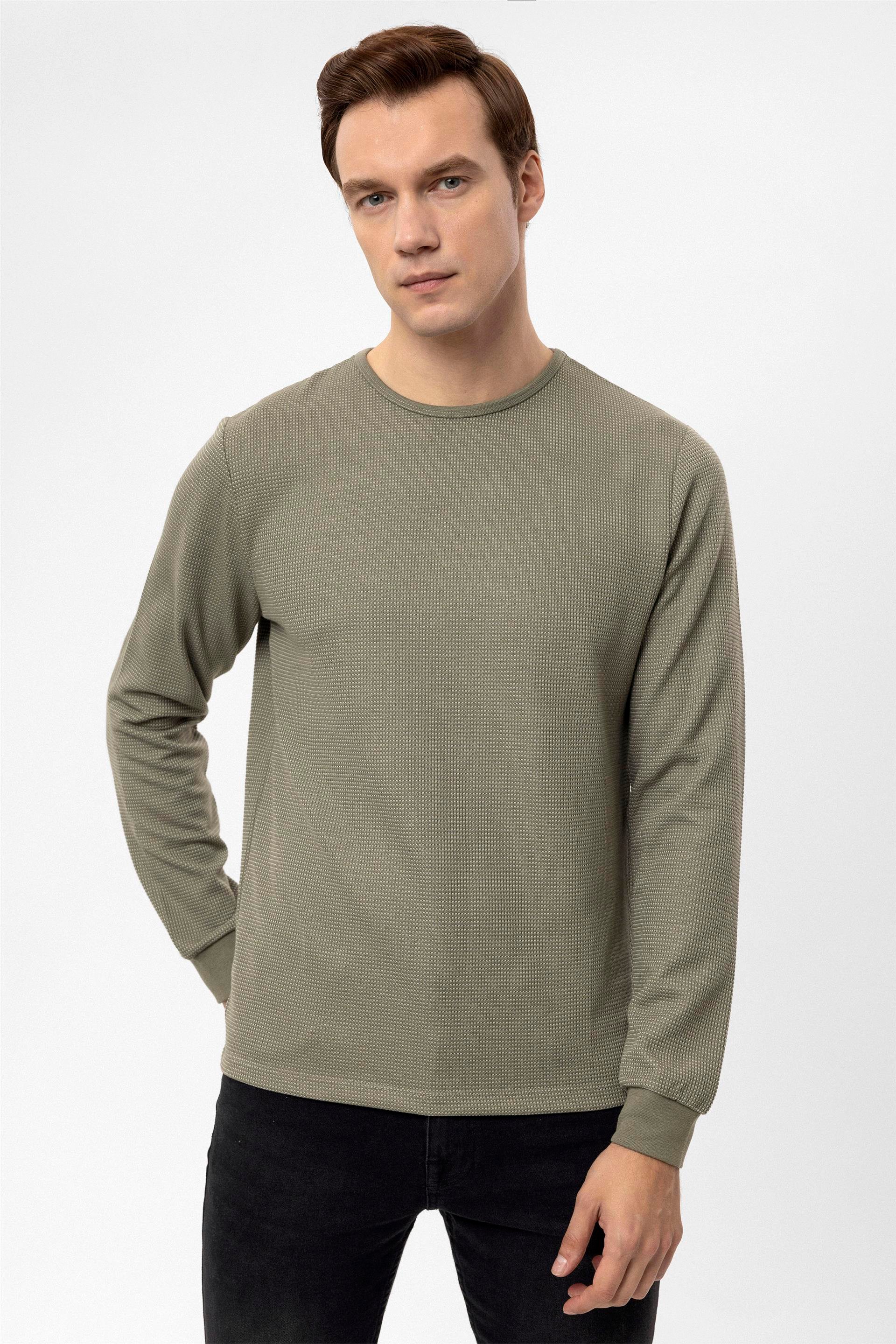 Haki Slim Armürlü O Yaka  Sweatshirt