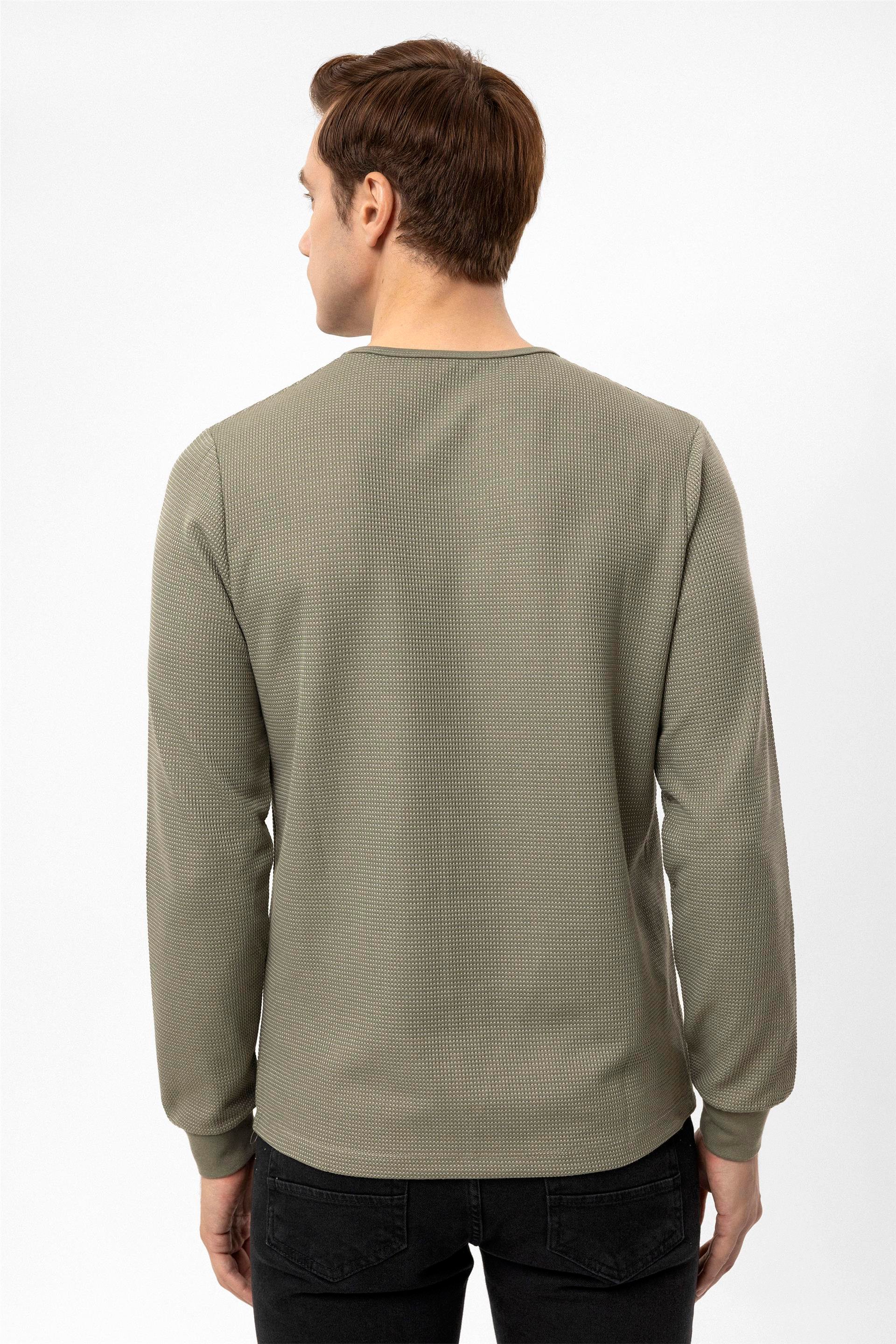 Haki Slim Armürlü O Yaka  Sweatshirt