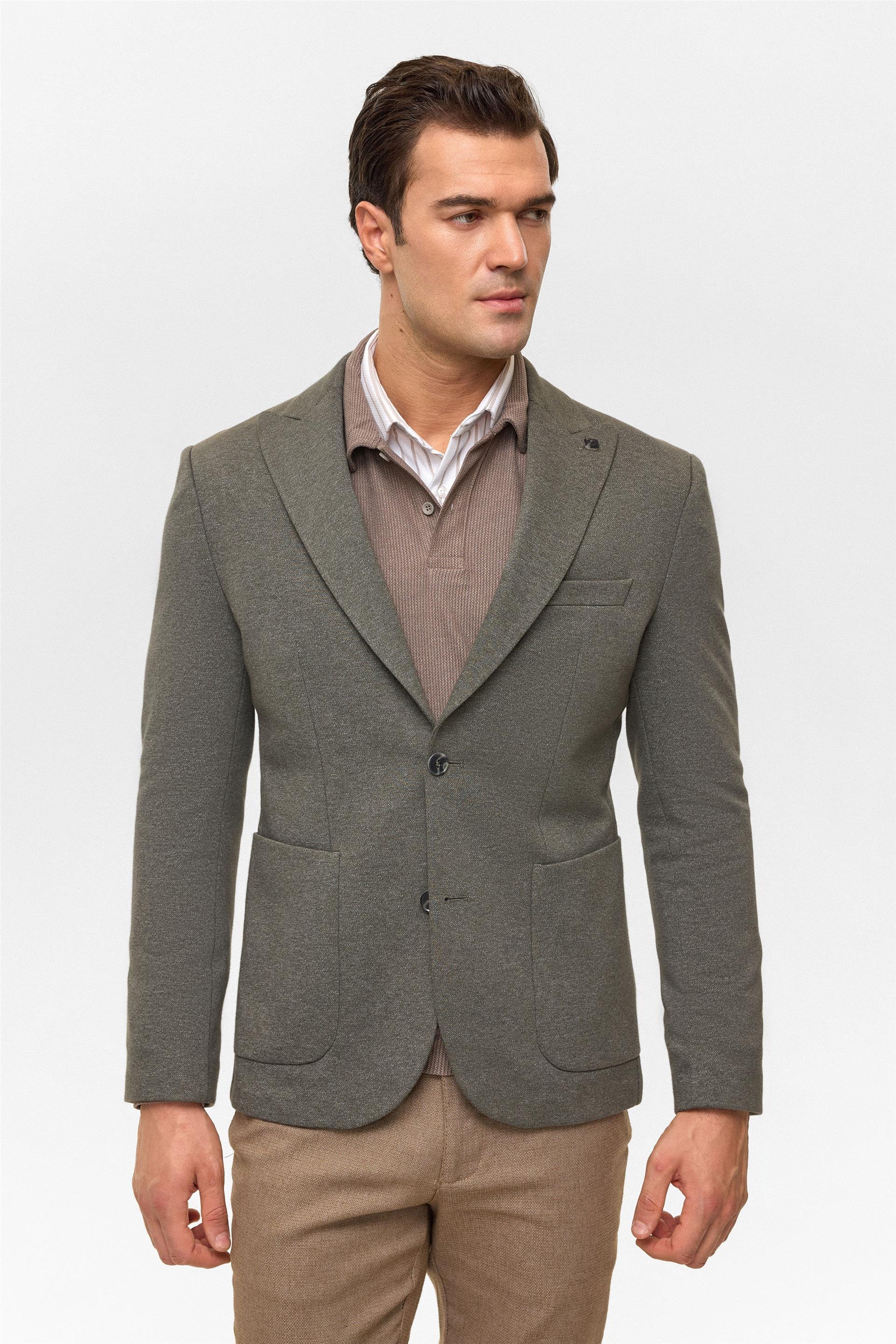 Haki Slim Desenli Mono Yaka 6 Drop Ceket