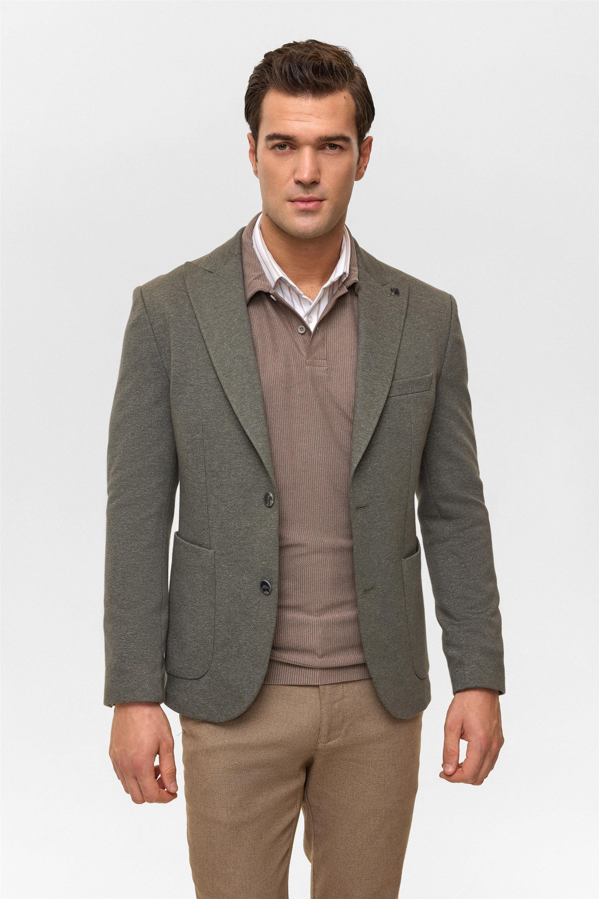 Haki Slim Desenli Mono Yaka 6 Drop Ceket