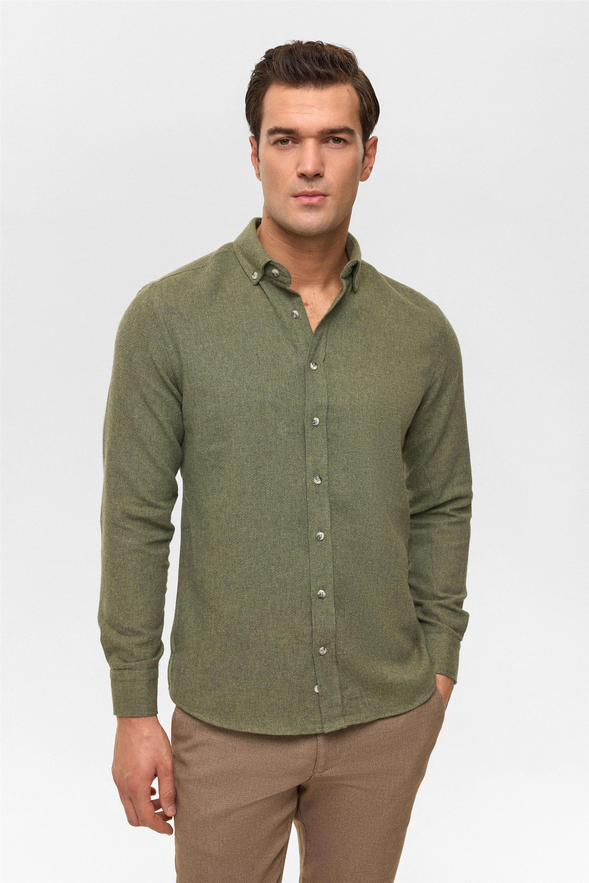 Haki Slim Düz Düğmeli Yaka Gömlek