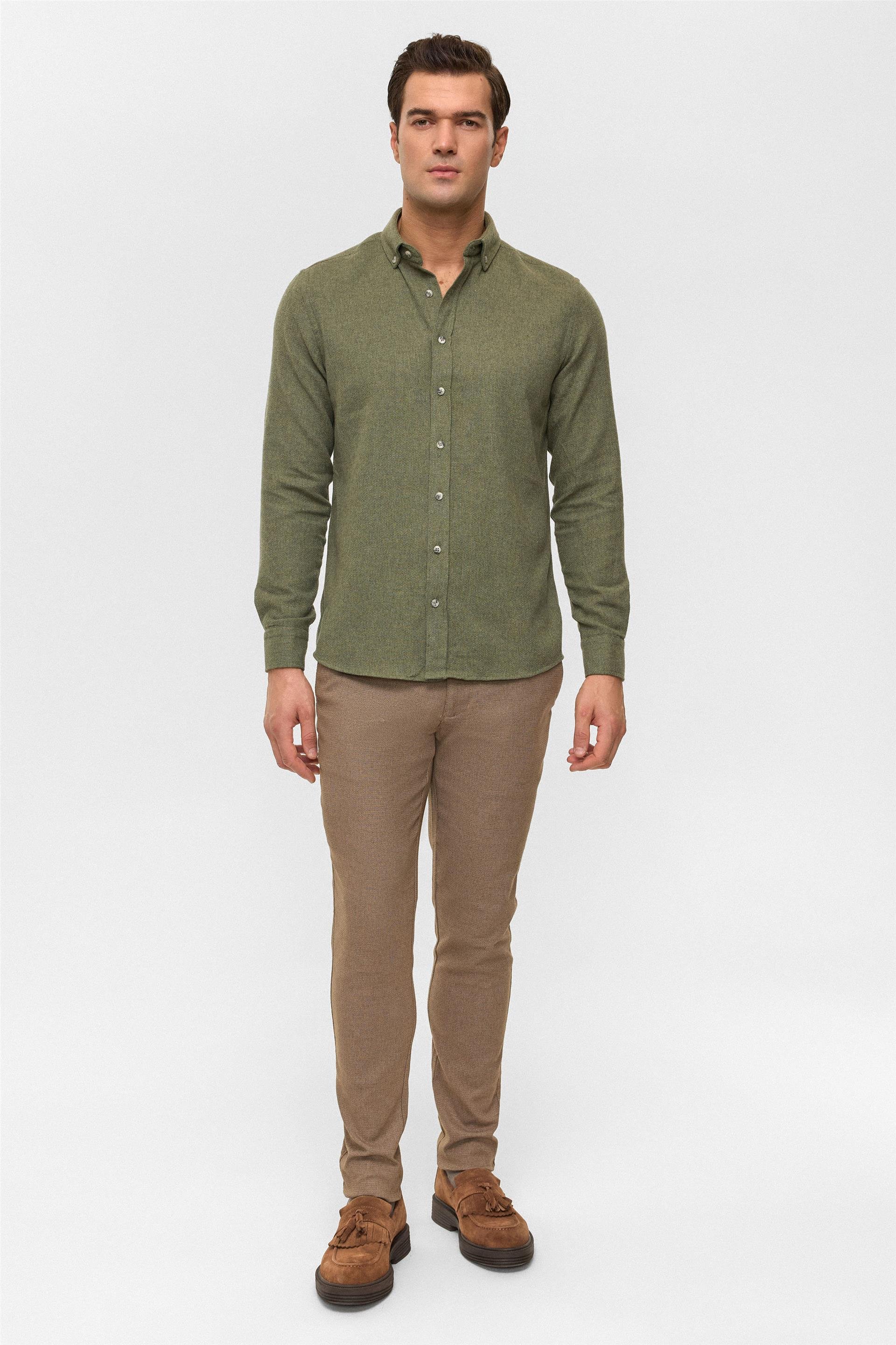 Haki Slim Düz Düğmeli Yaka Gömlek
