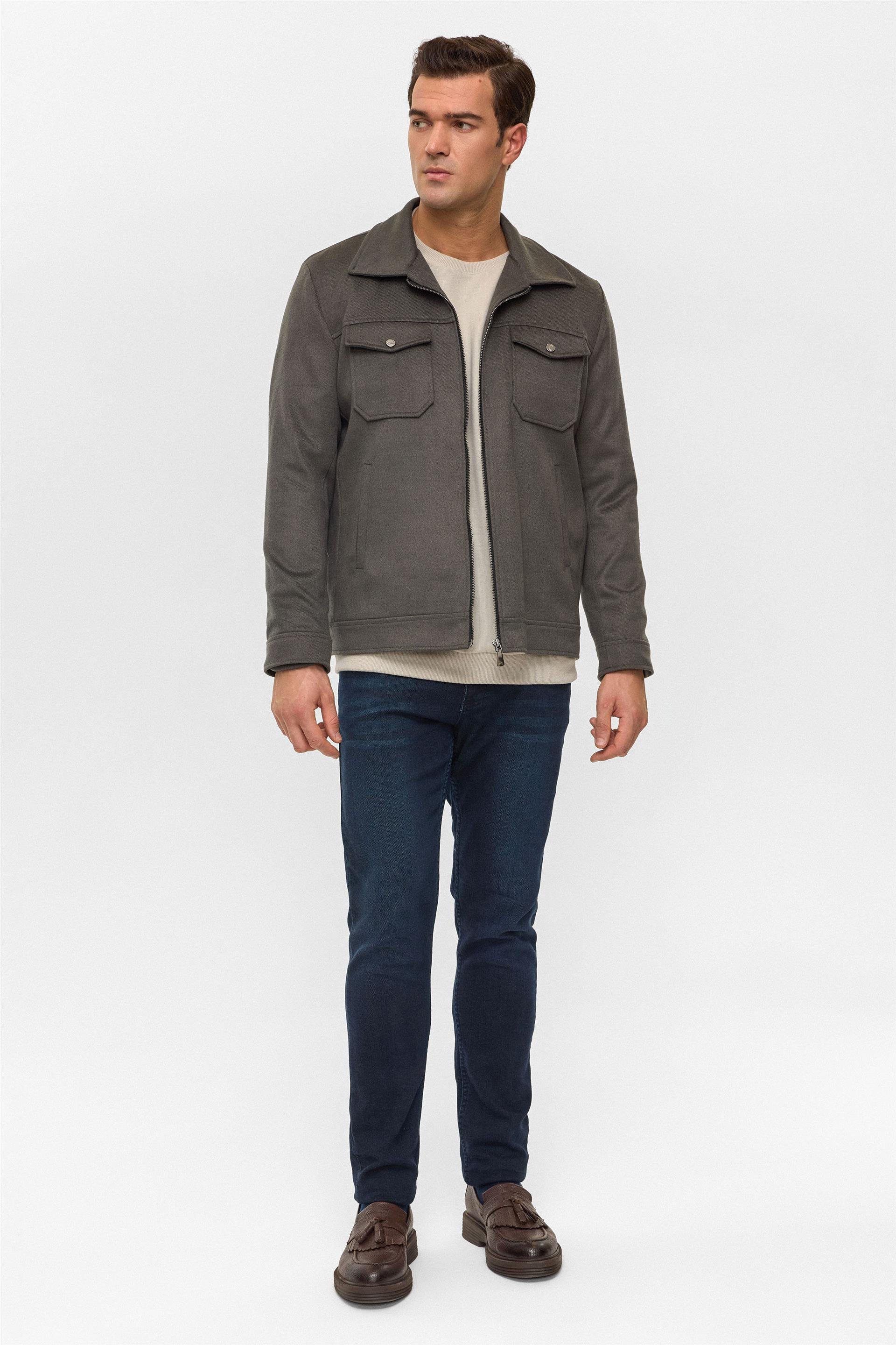 Haki Slim Düz Sivri Yaka Mont