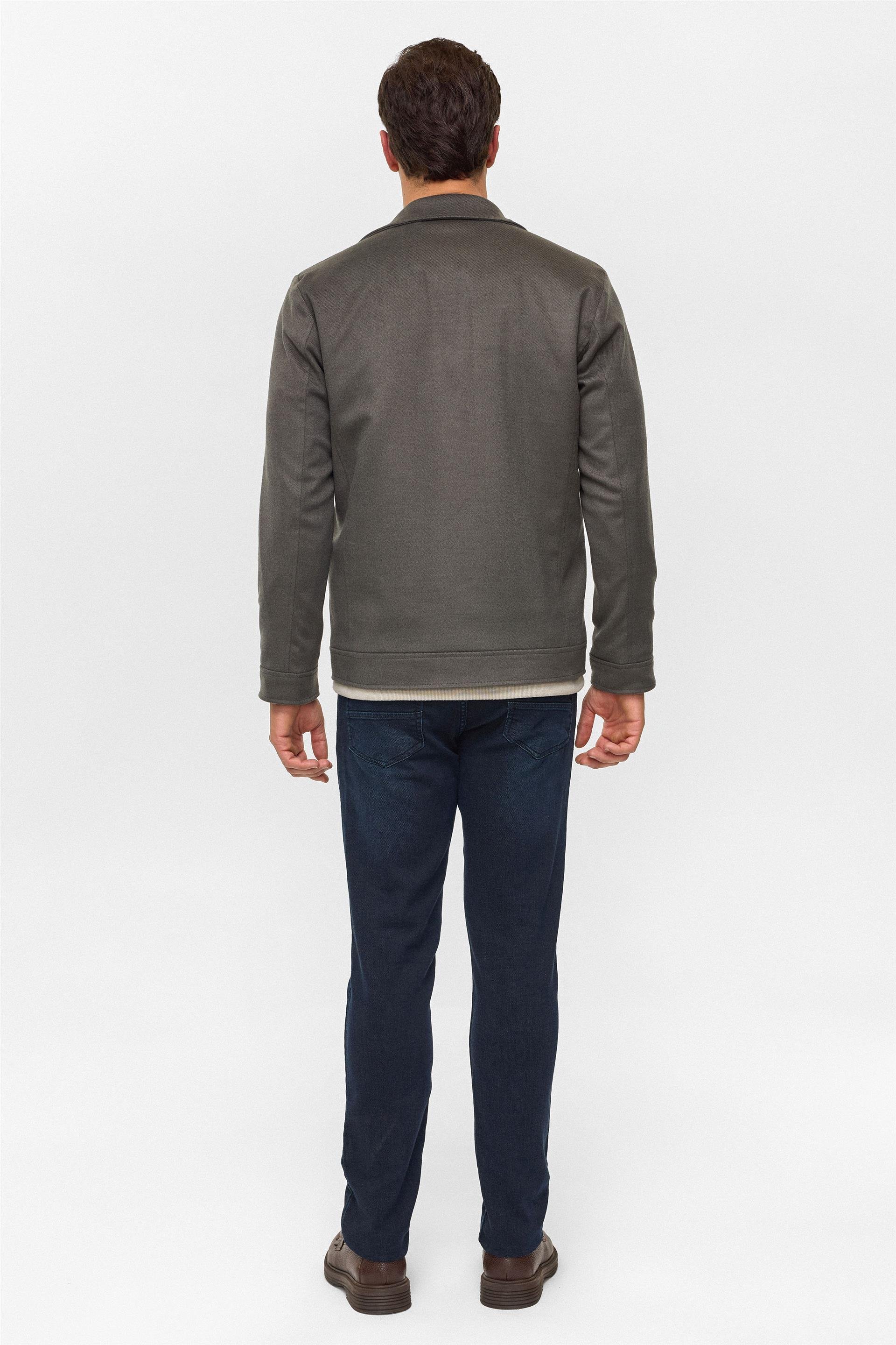 Haki Slim Düz Sivri Yaka Mont