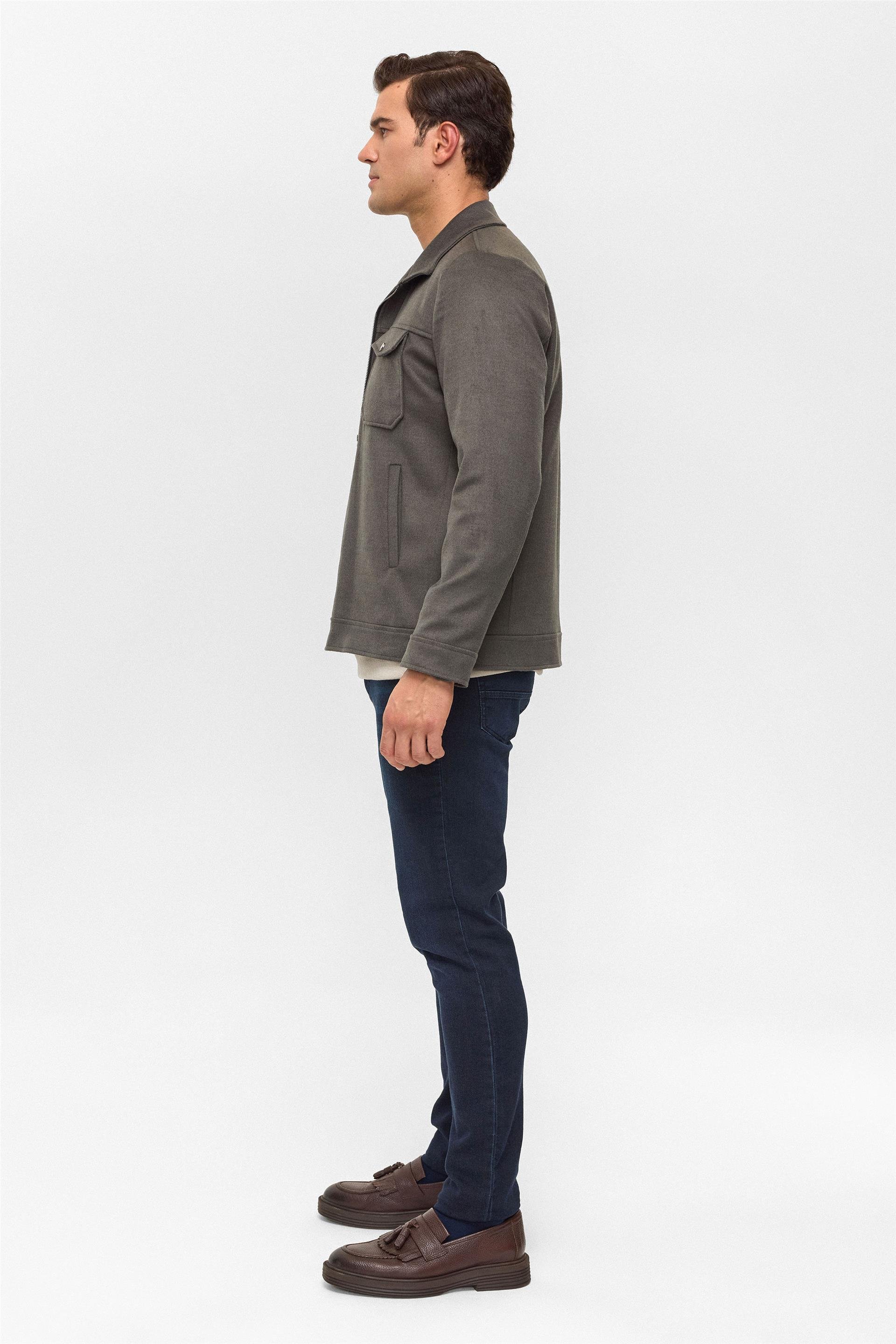 Haki Slim Düz Sivri Yaka Mont