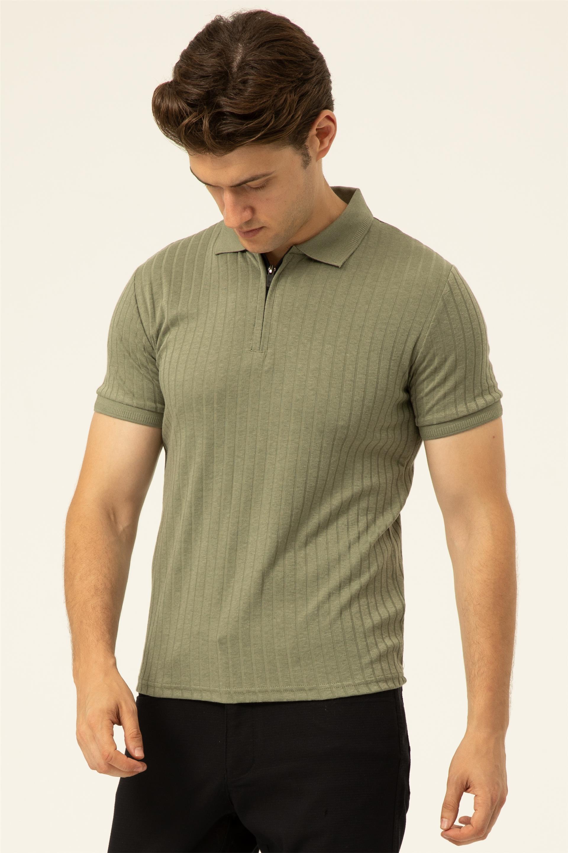 Haki Slim Fitilli Polo Yaka  Tişört