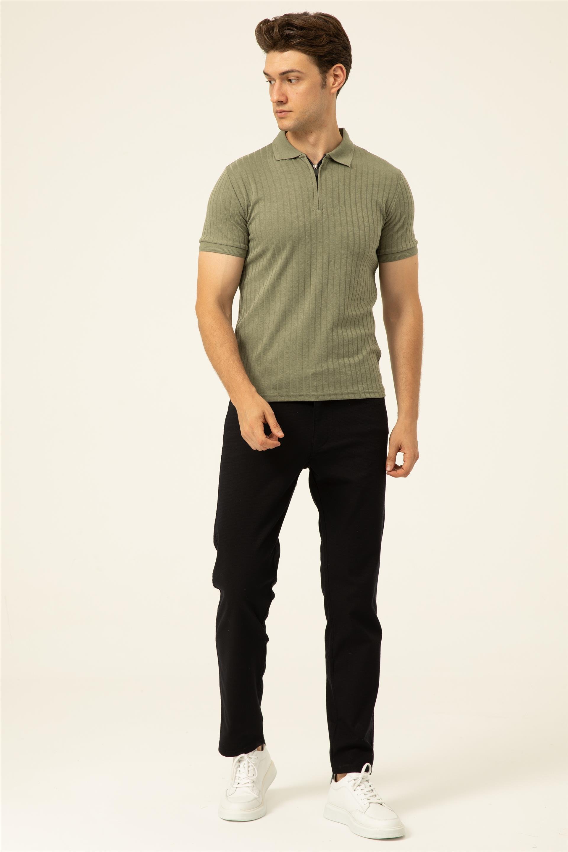 Haki Slim Fitilli Polo Yaka  Tişört