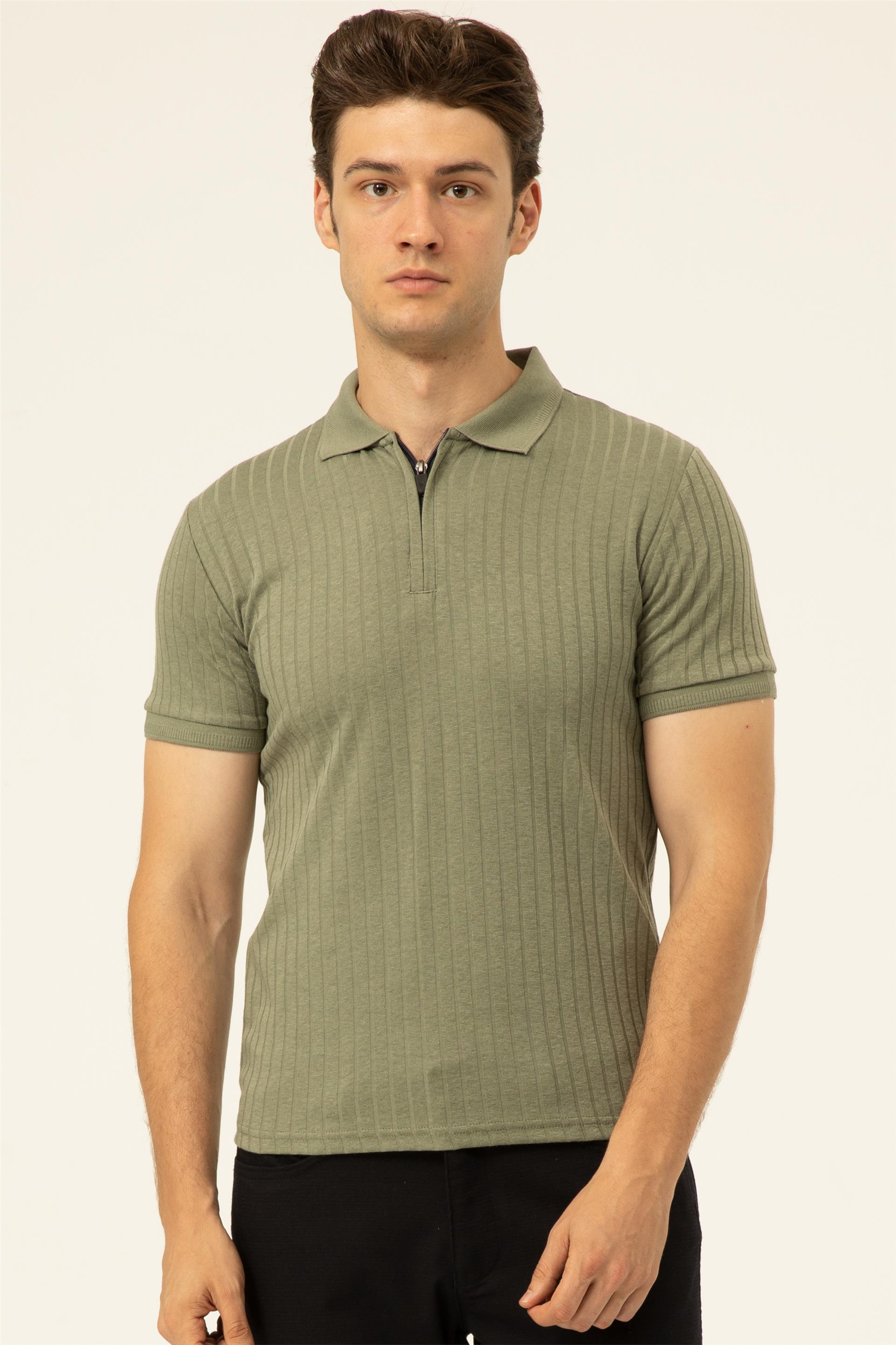 Haki Slim Fitilli Polo Yaka  Tişört