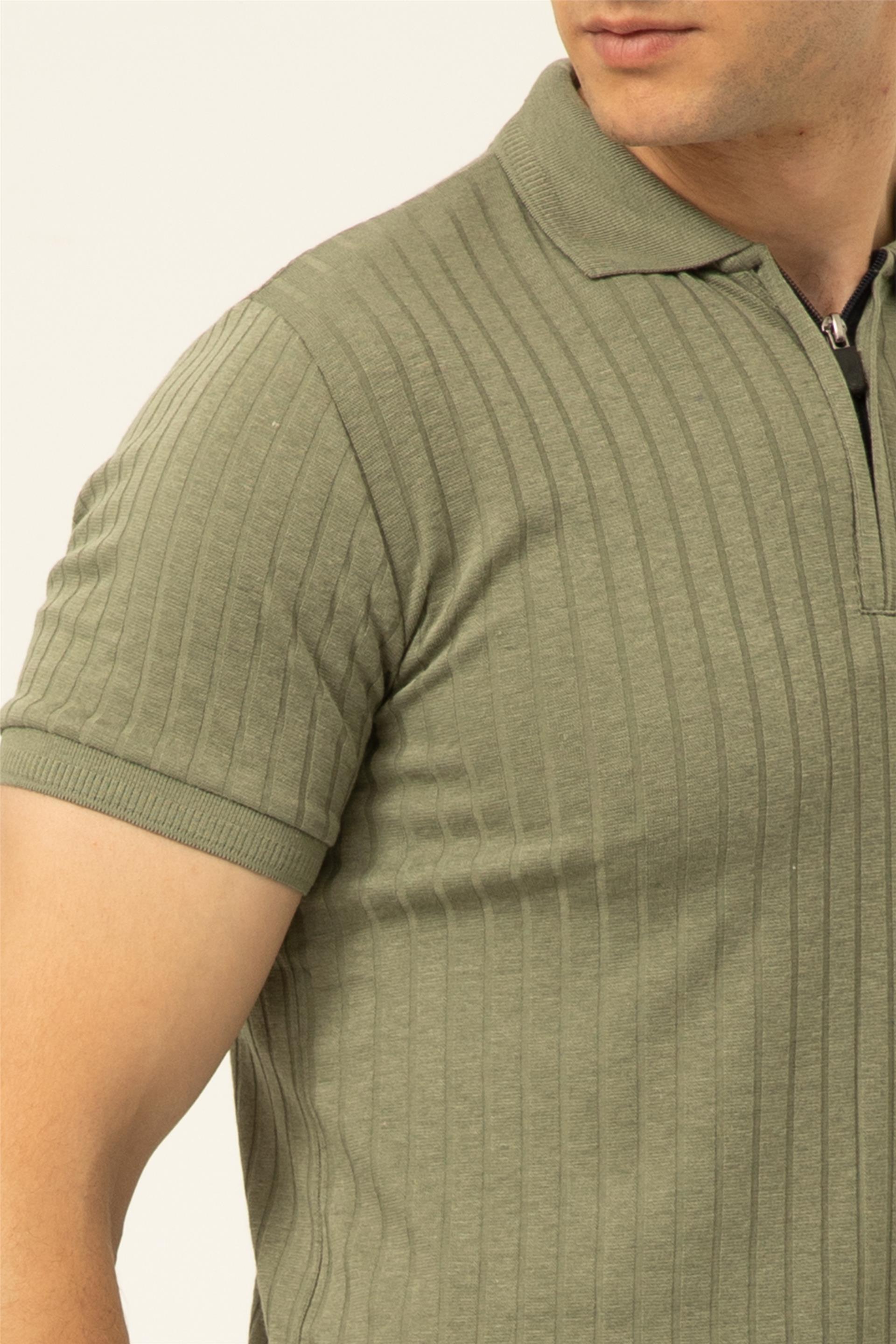 Haki Slim Fitilli Polo Yaka  Tişört