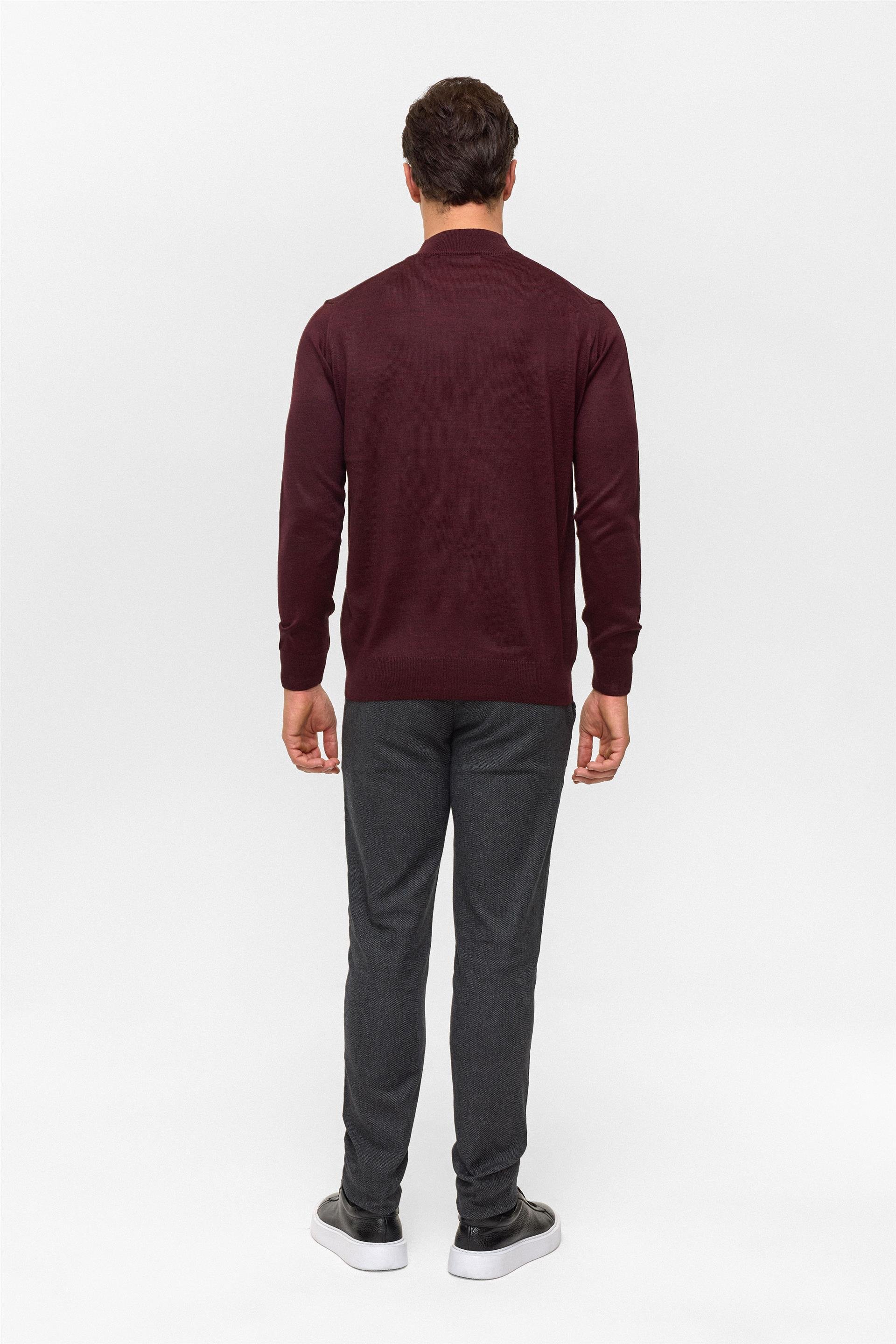 Koyu Bordo Regular Düz Yarım Balıkçı Yaka Triko Kazak