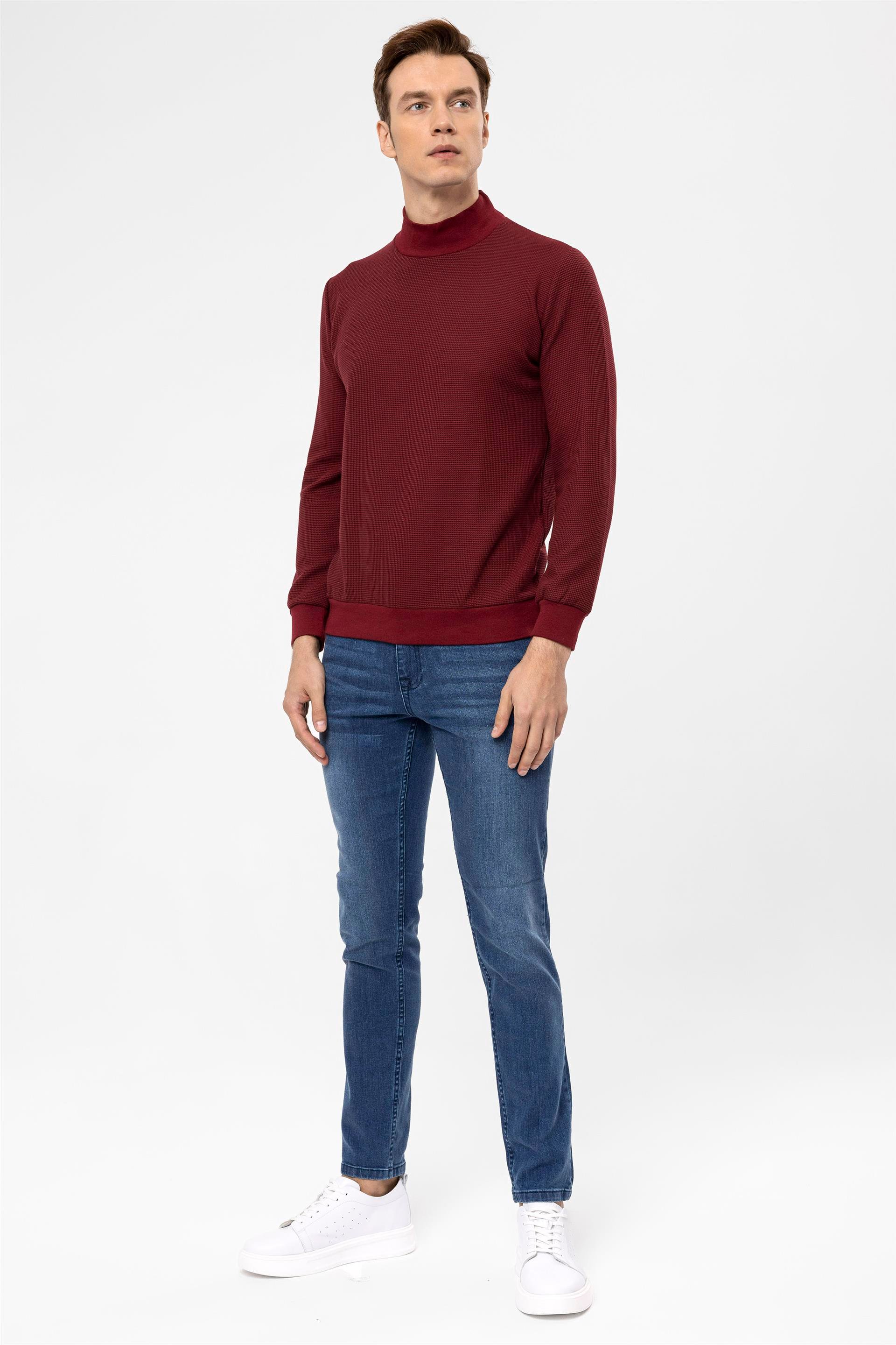 Koyu Bordo Regular Kapitone Yarım Balıkçı Yaka  Sweatshirt