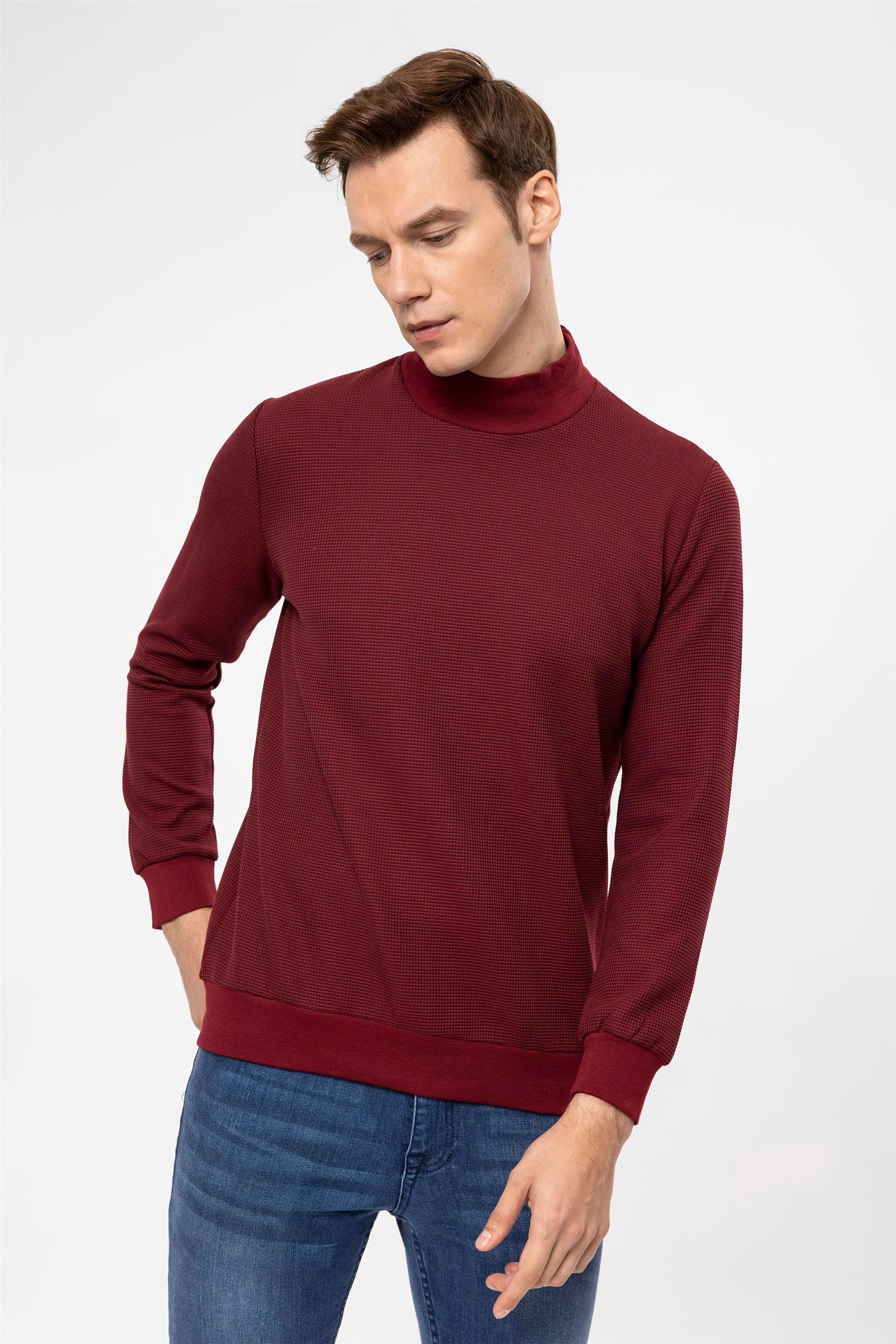 Koyu Bordo Regular Kapitone Yarım Balıkçı Yaka  Sweatshirt