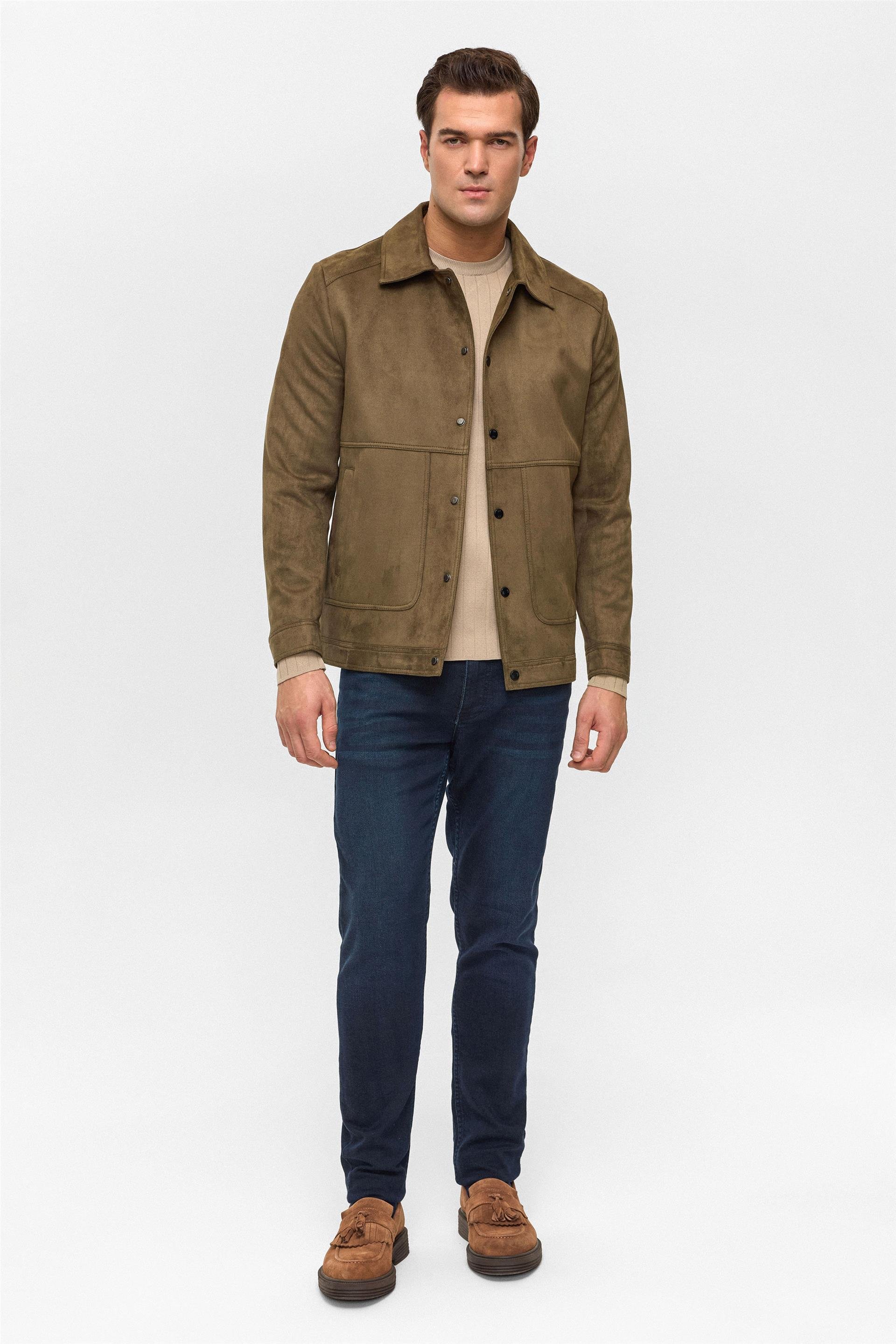 Koyu Haki Slim Düz Klasik Yaka Mont