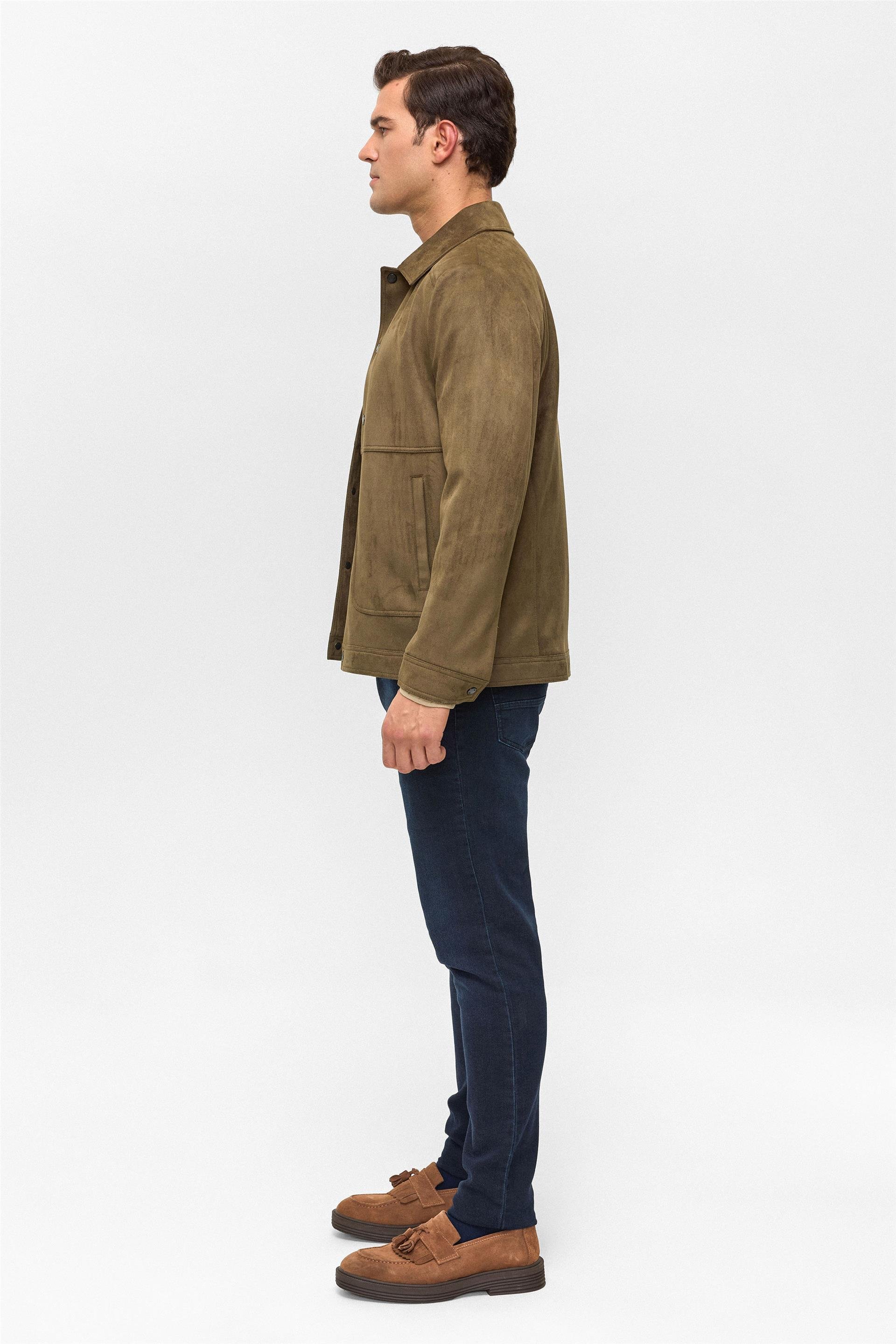 Koyu Haki Slim Düz Klasik Yaka Mont