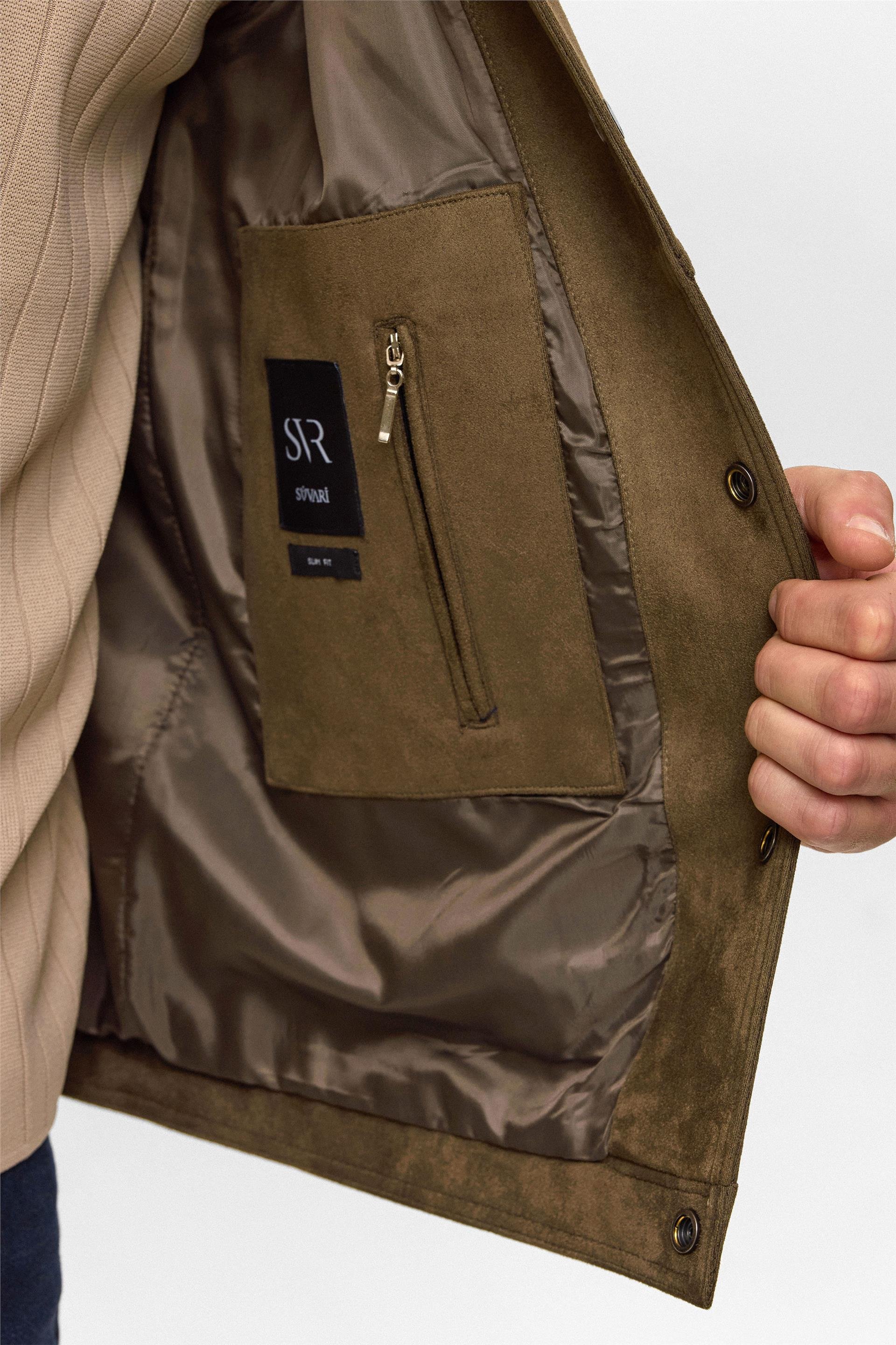 Koyu Haki Slim Düz Klasik Yaka Mont