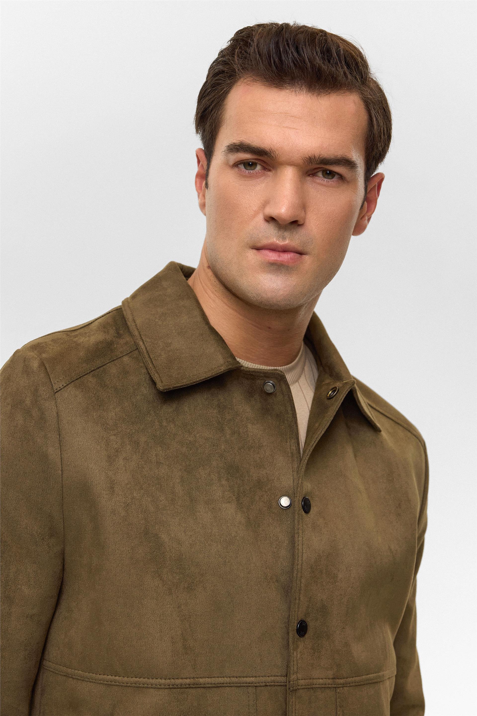 Koyu Haki Slim Düz Klasik Yaka Mont