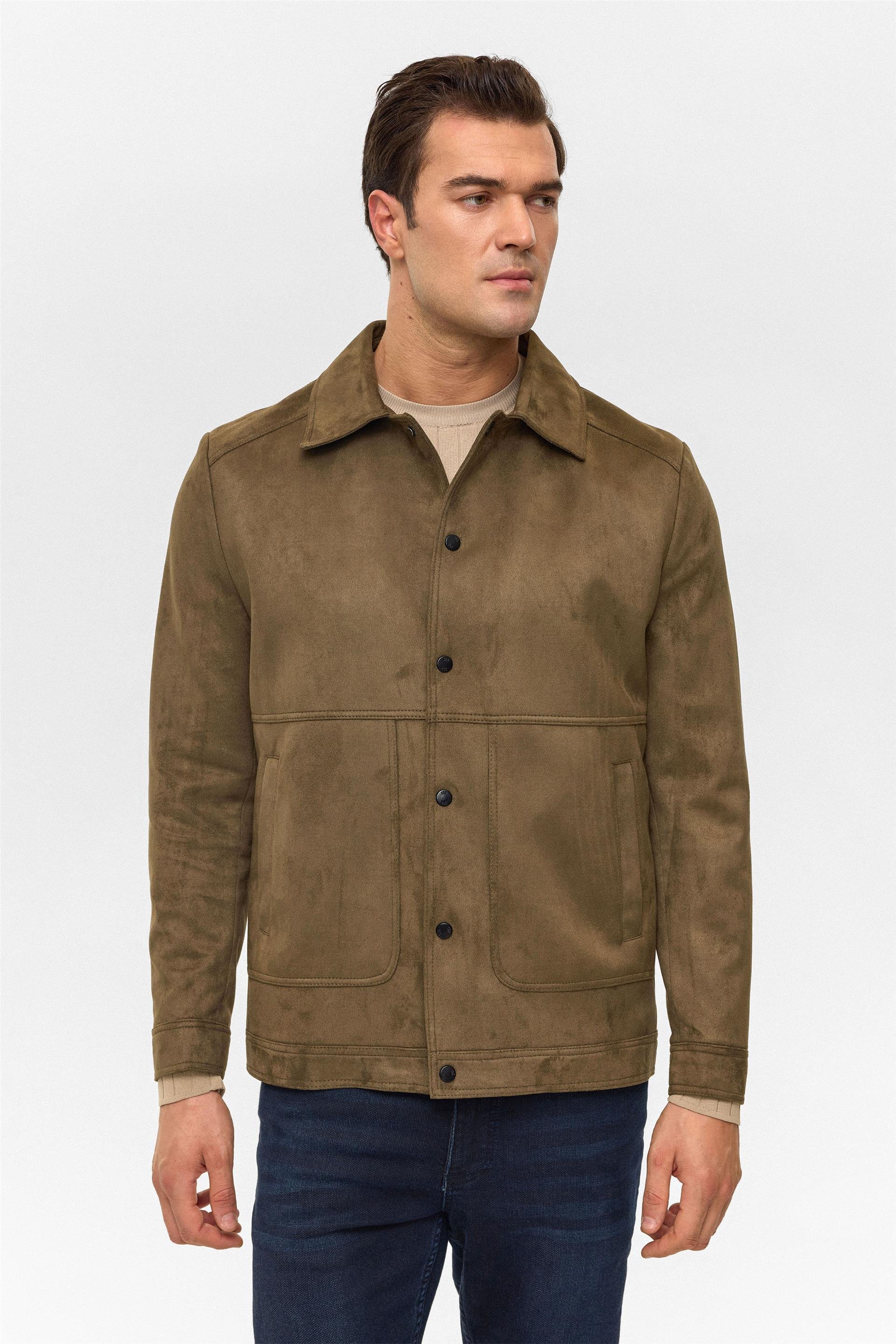 Koyu Haki Slim Düz Klasik Yaka Mont