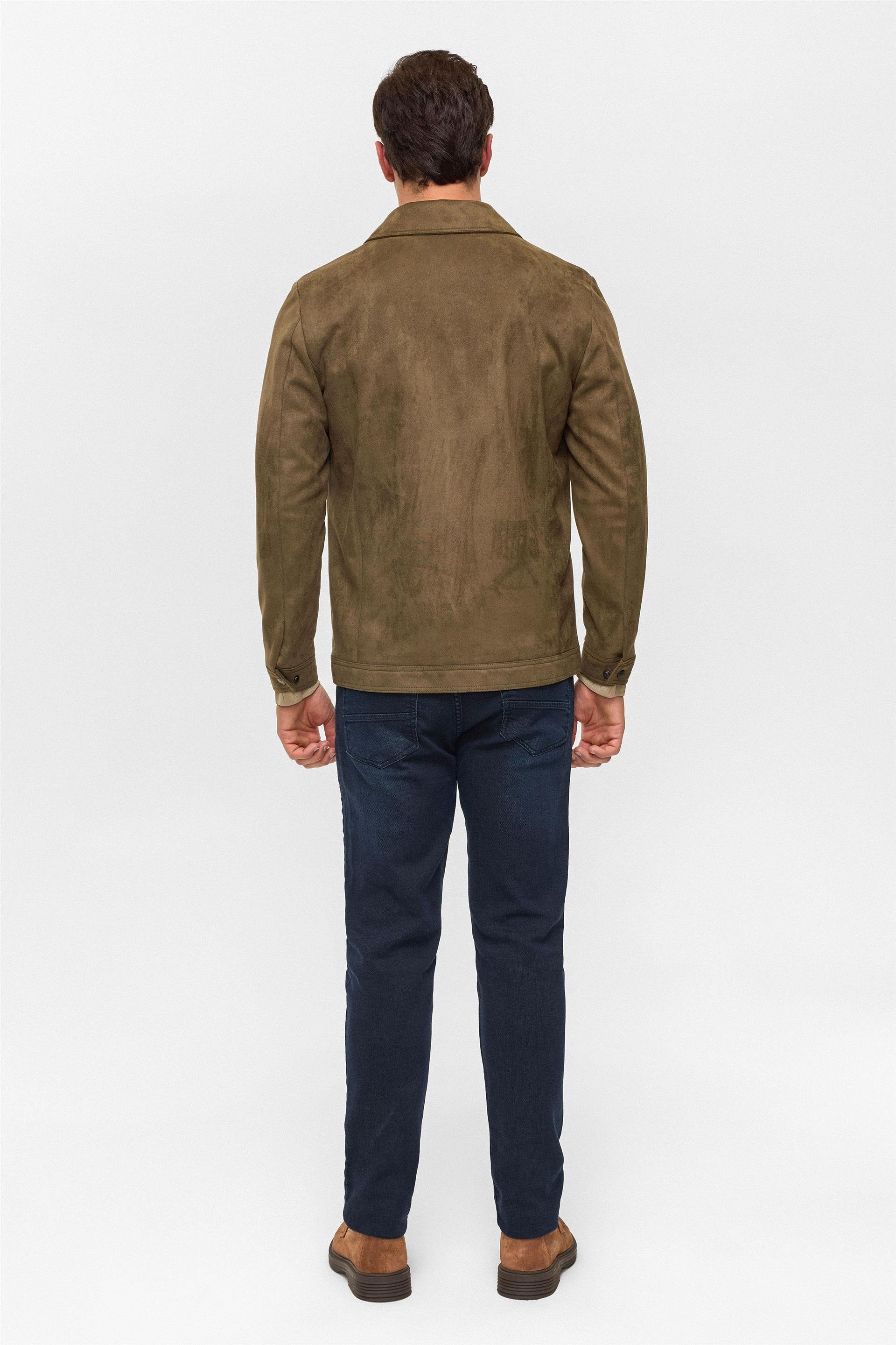 Koyu Haki Slim Düz Klasik Yaka Mont