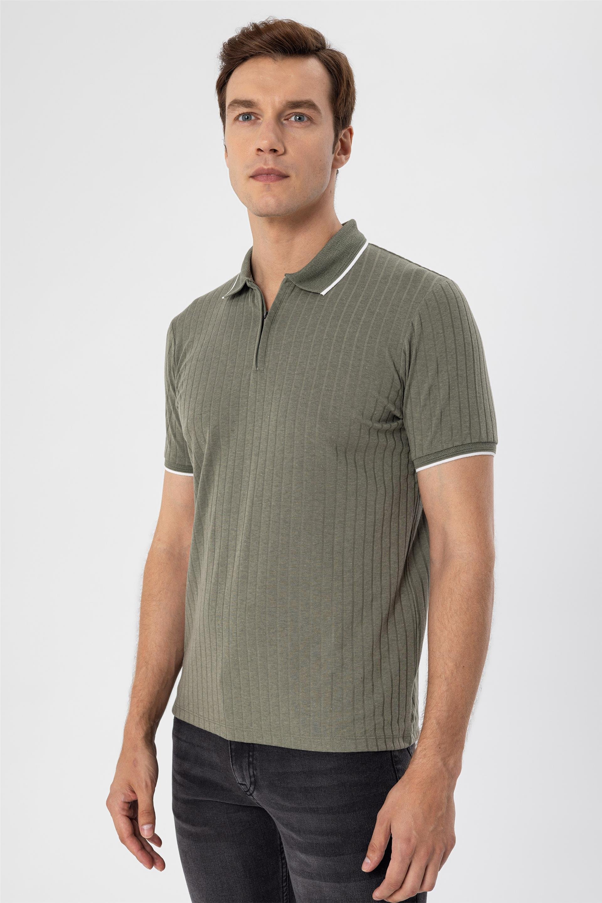 Koyu Haki Slim Fitilli Polo Yaka  Tişört