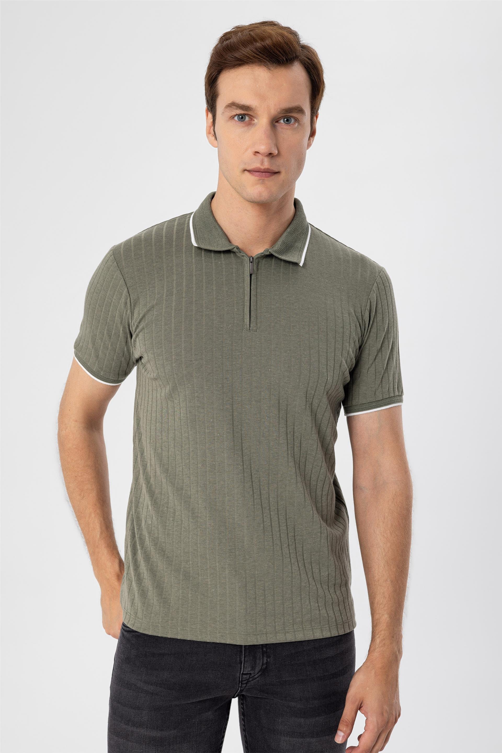 Koyu Haki Slim Fitilli Polo Yaka  Tişört