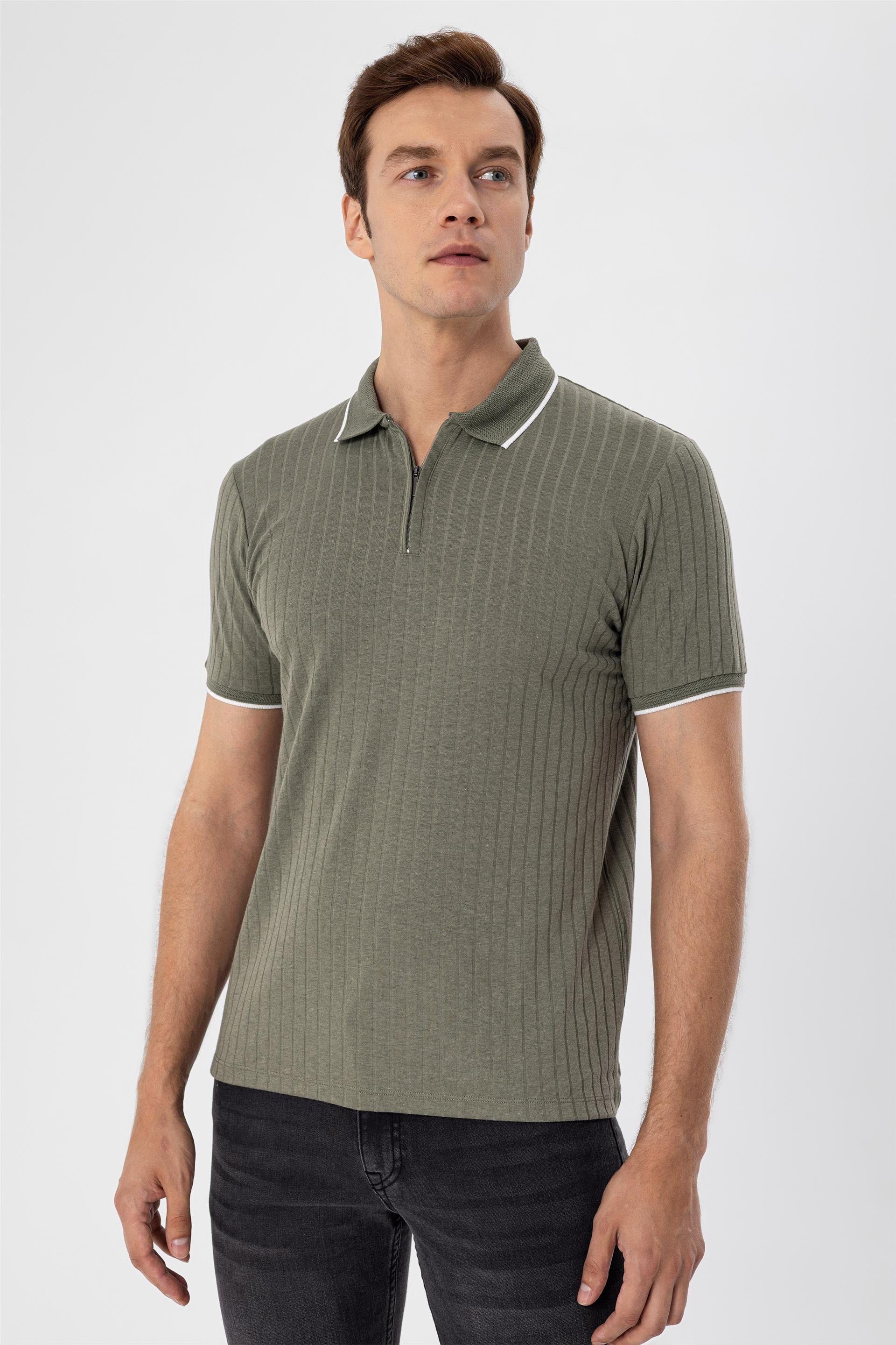 Koyu Haki Slim Fitilli Polo Yaka  Tişört