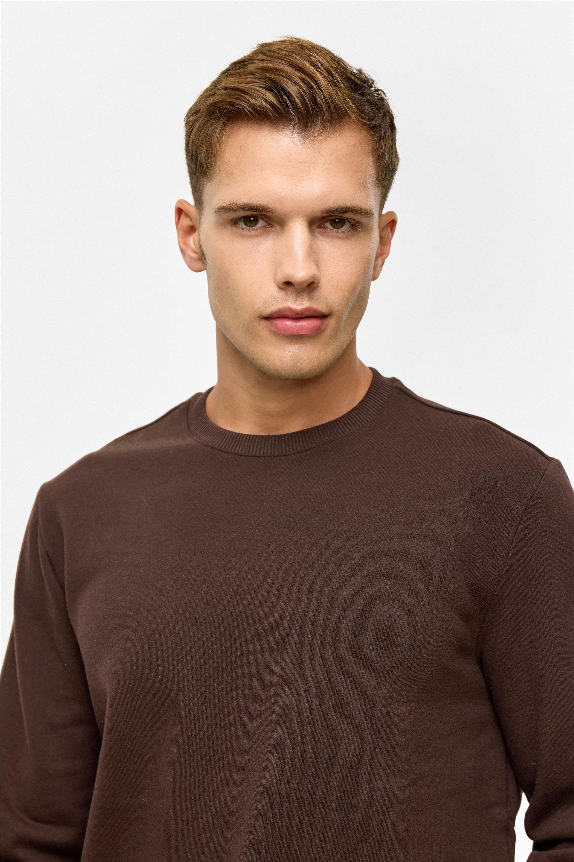 Koyu Kahve Regular Düz Bisiklet Yaka Sweatshirt