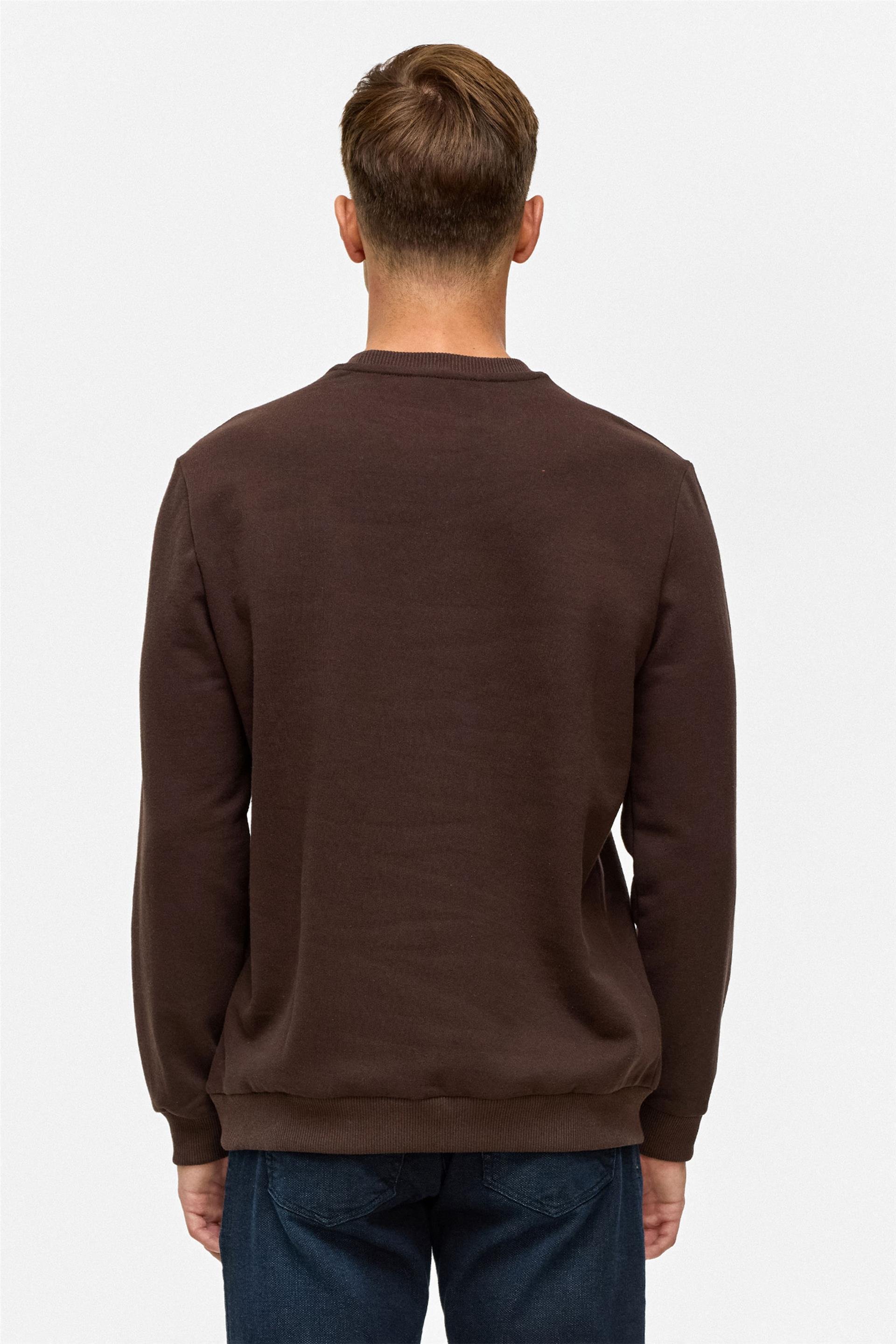 Koyu Kahve Regular Düz Bisiklet Yaka Sweatshirt