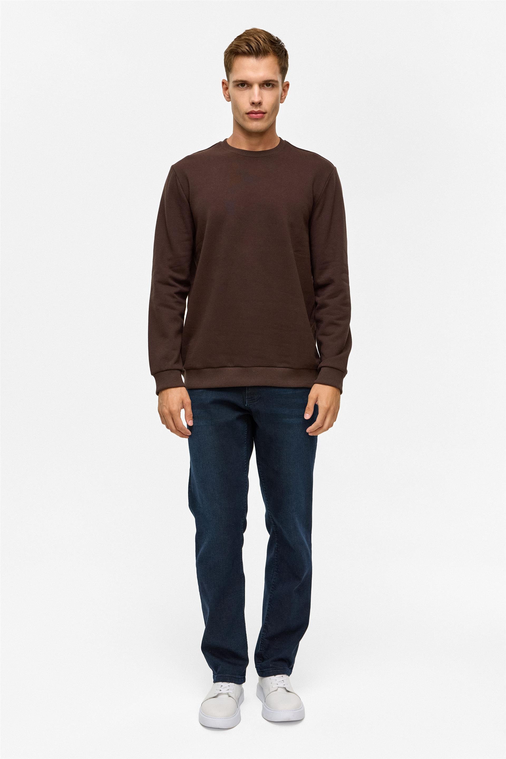 Koyu Kahve Regular Düz Bisiklet Yaka Sweatshirt