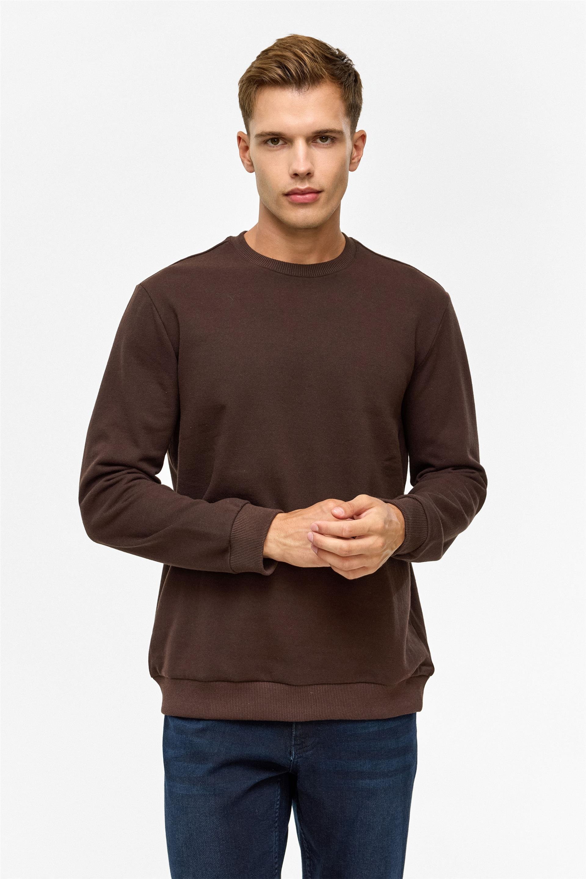 Koyu Kahve Regular Düz Bisiklet Yaka Sweatshirt