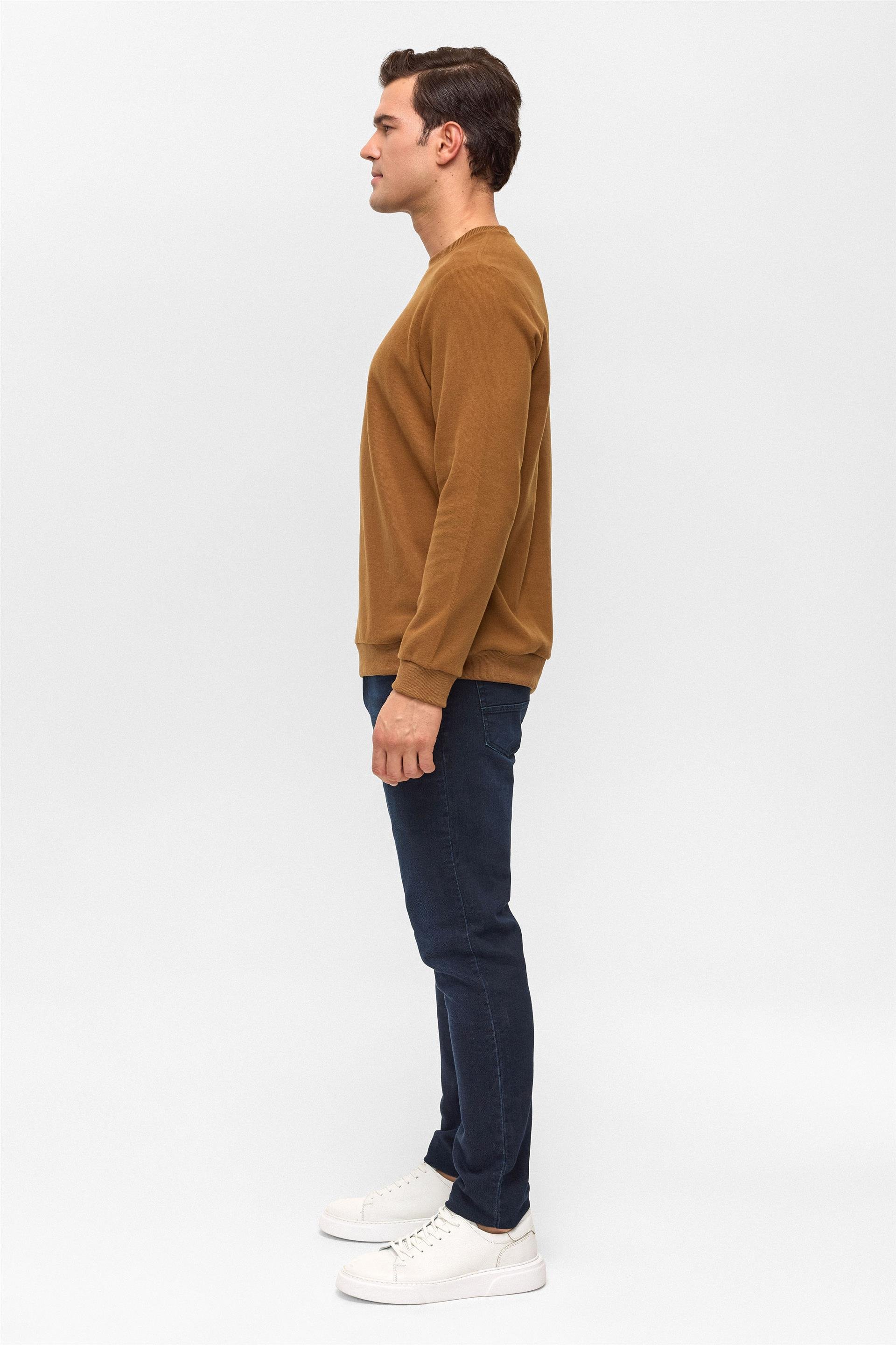 Koyu Kahve Regular Düz Bisiklet Yaka Sweatshirt