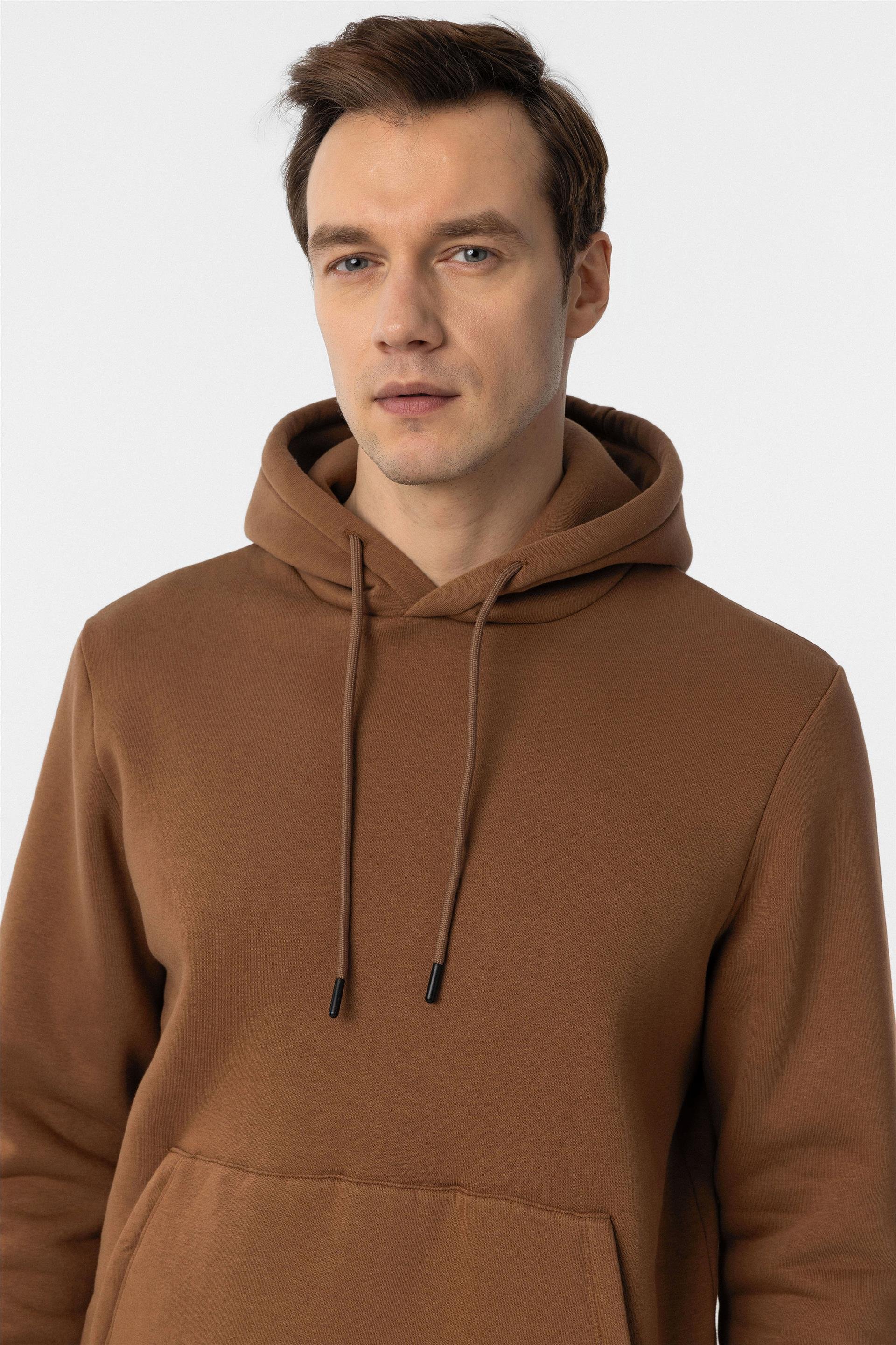 Koyu Kiremit Regular Düz Kapişonlu Yaka Triko