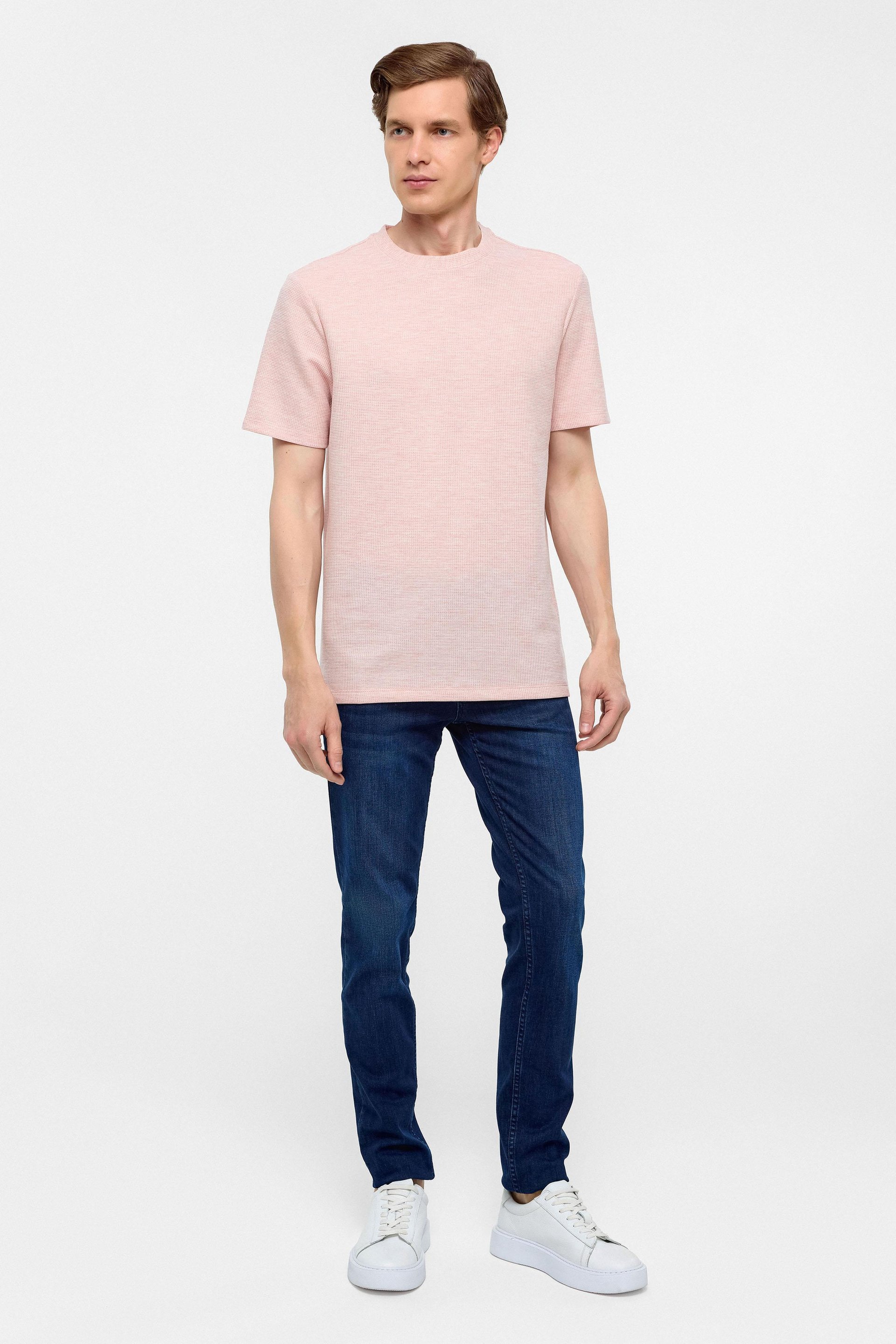 Koyu Pembe Regular Armürlü Bisiklet Yaka Tişört