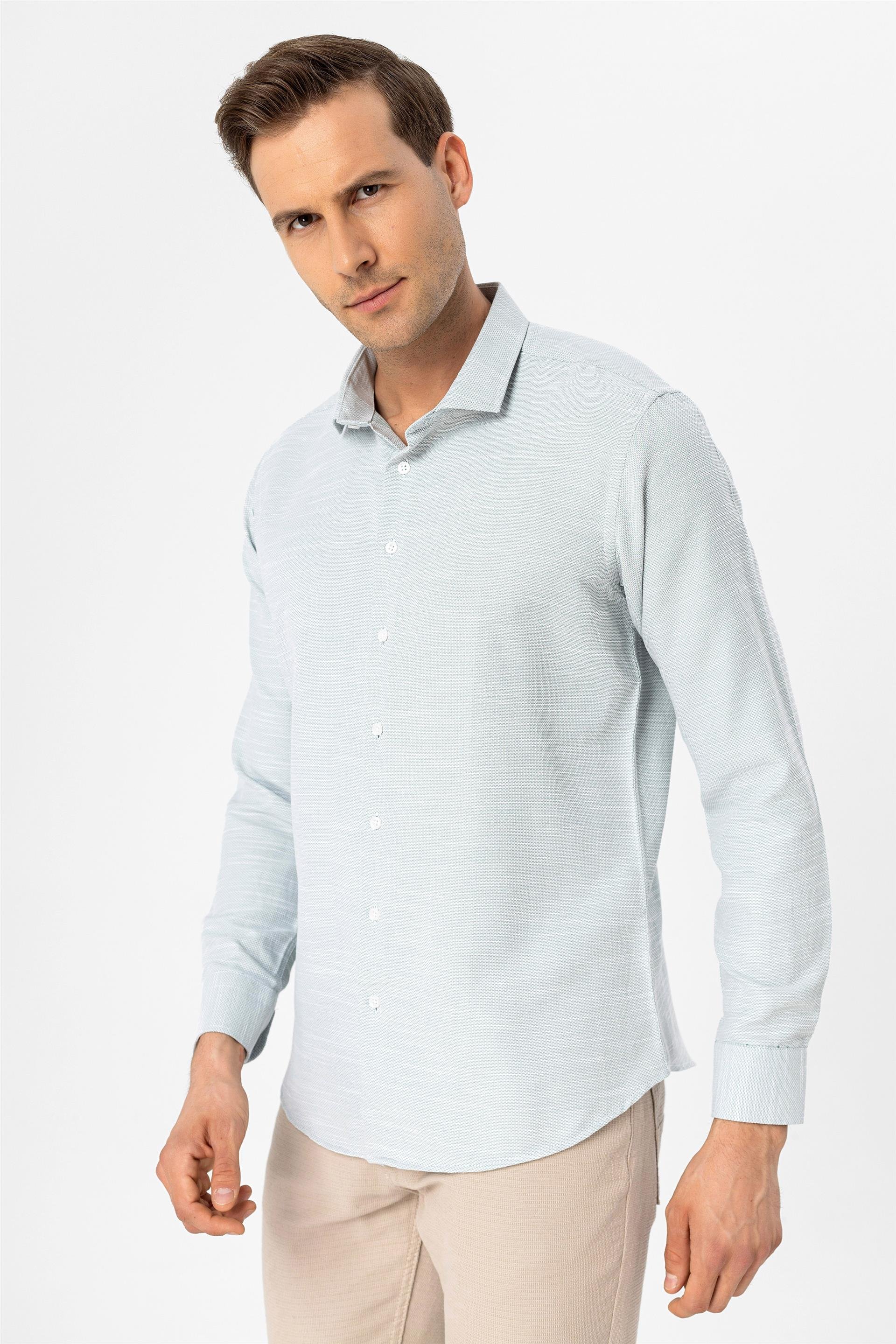 Koyu Yeşil Slim Armürlü Klasik Yaka  Gömlek