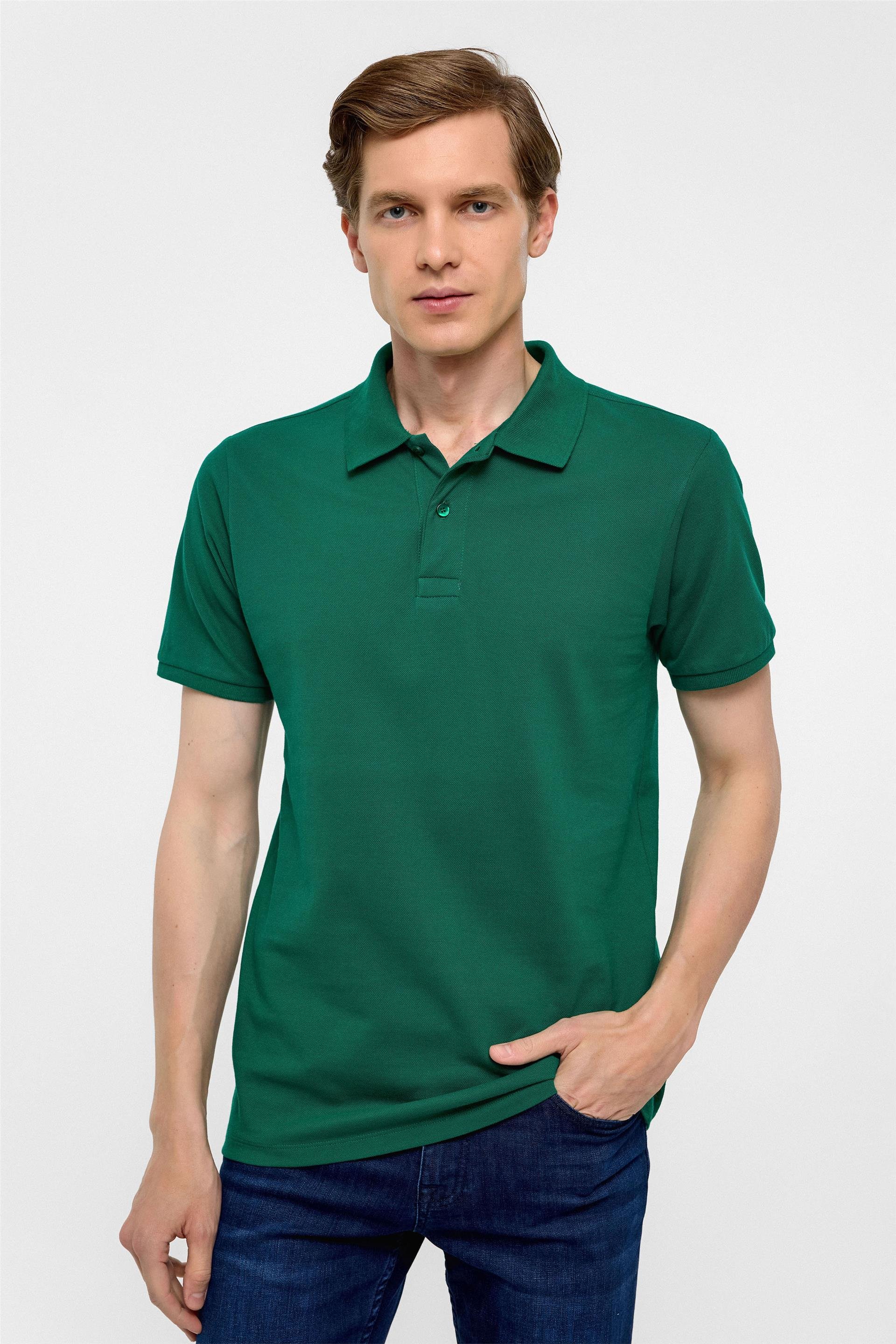 Koyu Yeşil Slim Fit Armürlü Polo Yaka Tişört