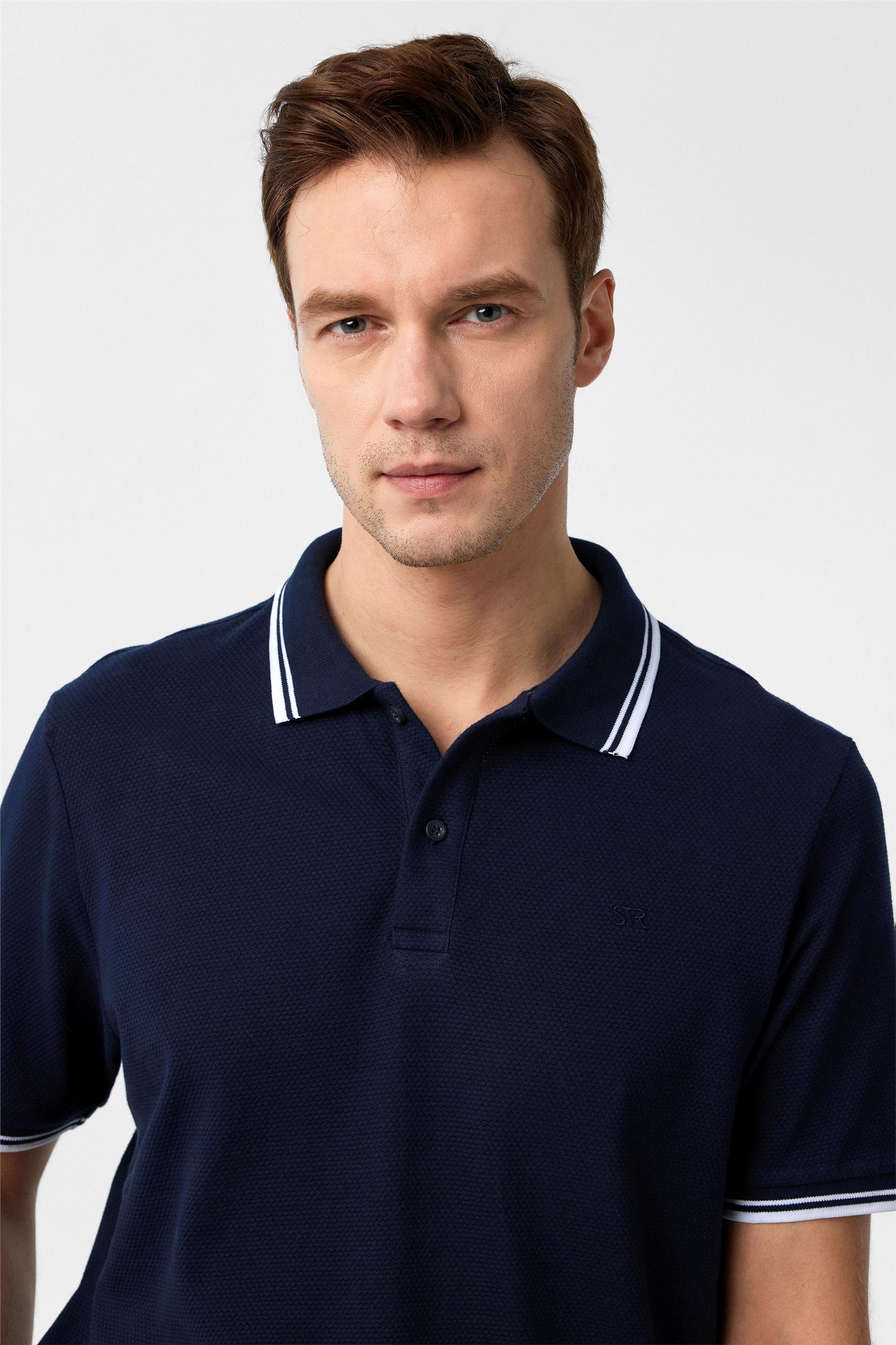 Lacivert Regular Armürlü Polo Yaka Tişört