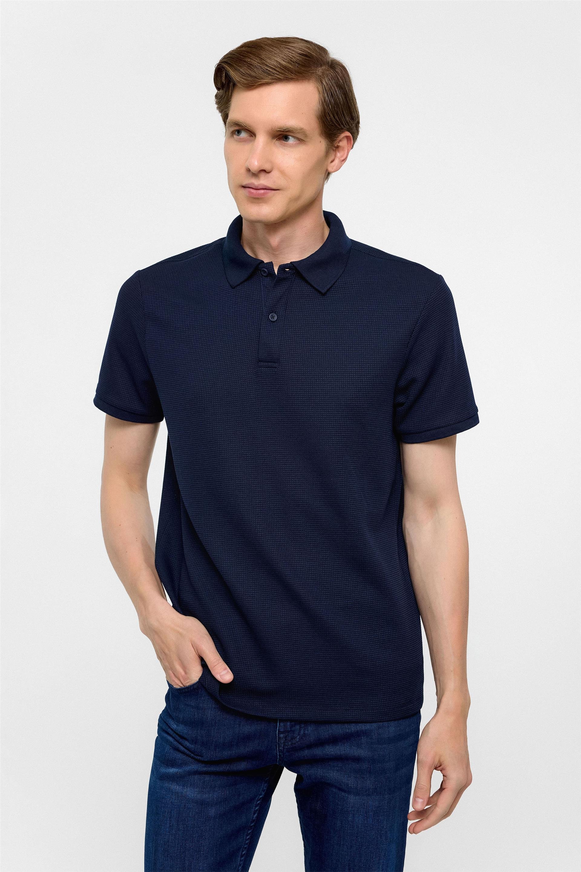 Lacivert Regular Armürlü Polo Yaka Tişört