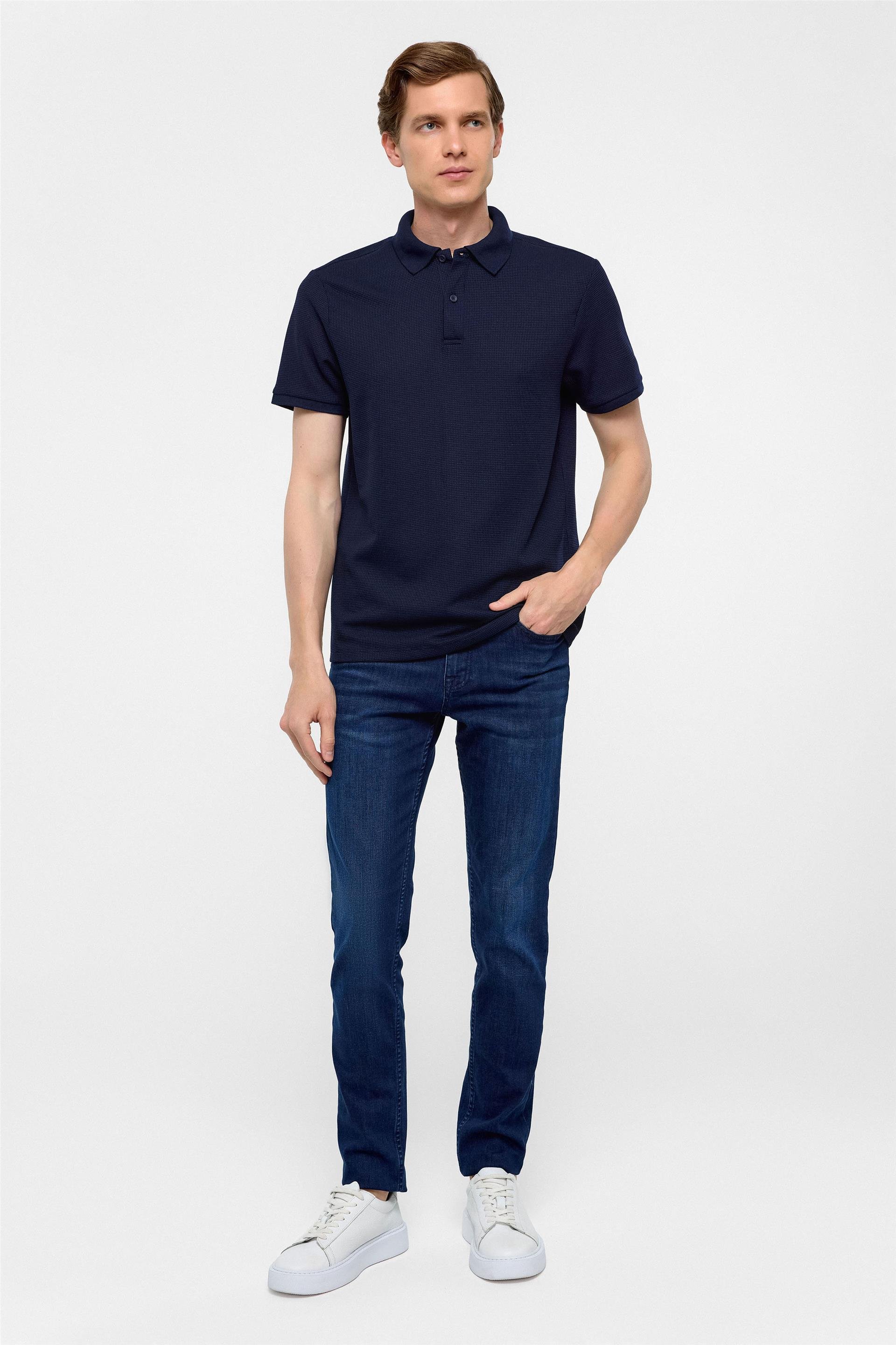 Lacivert Regular Armürlü Polo Yaka Tişört